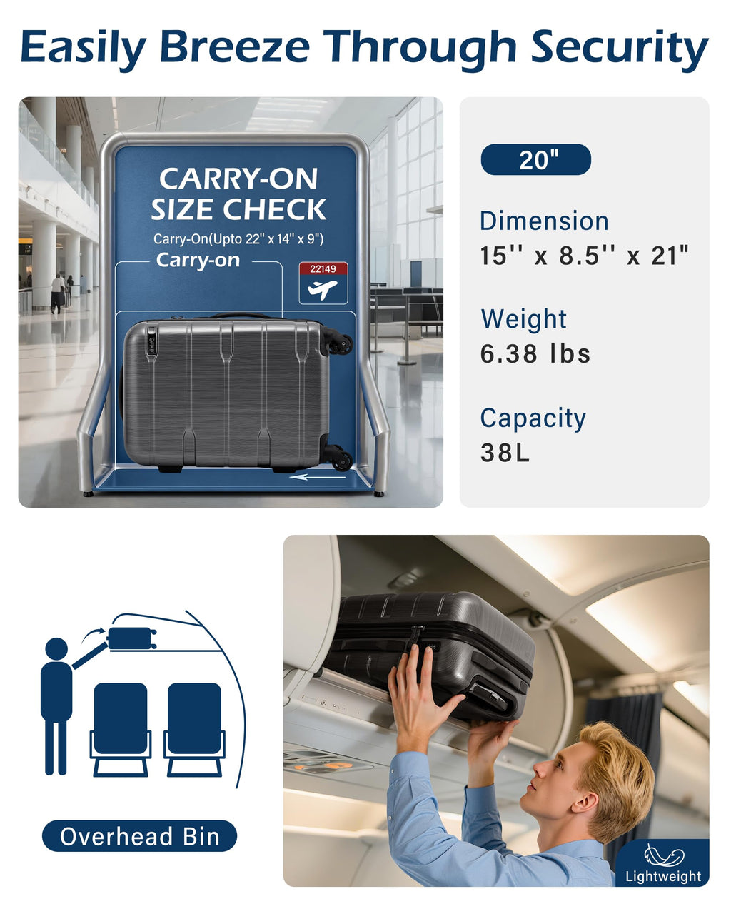 Coolife Carry On Luggage 22x14x9 Airline Approved Hardside PC+ABS Suitcase with TSA Lock, Lightweight Rolling Travel Luggage with Spinner Wheels(Black Brown, 20in)