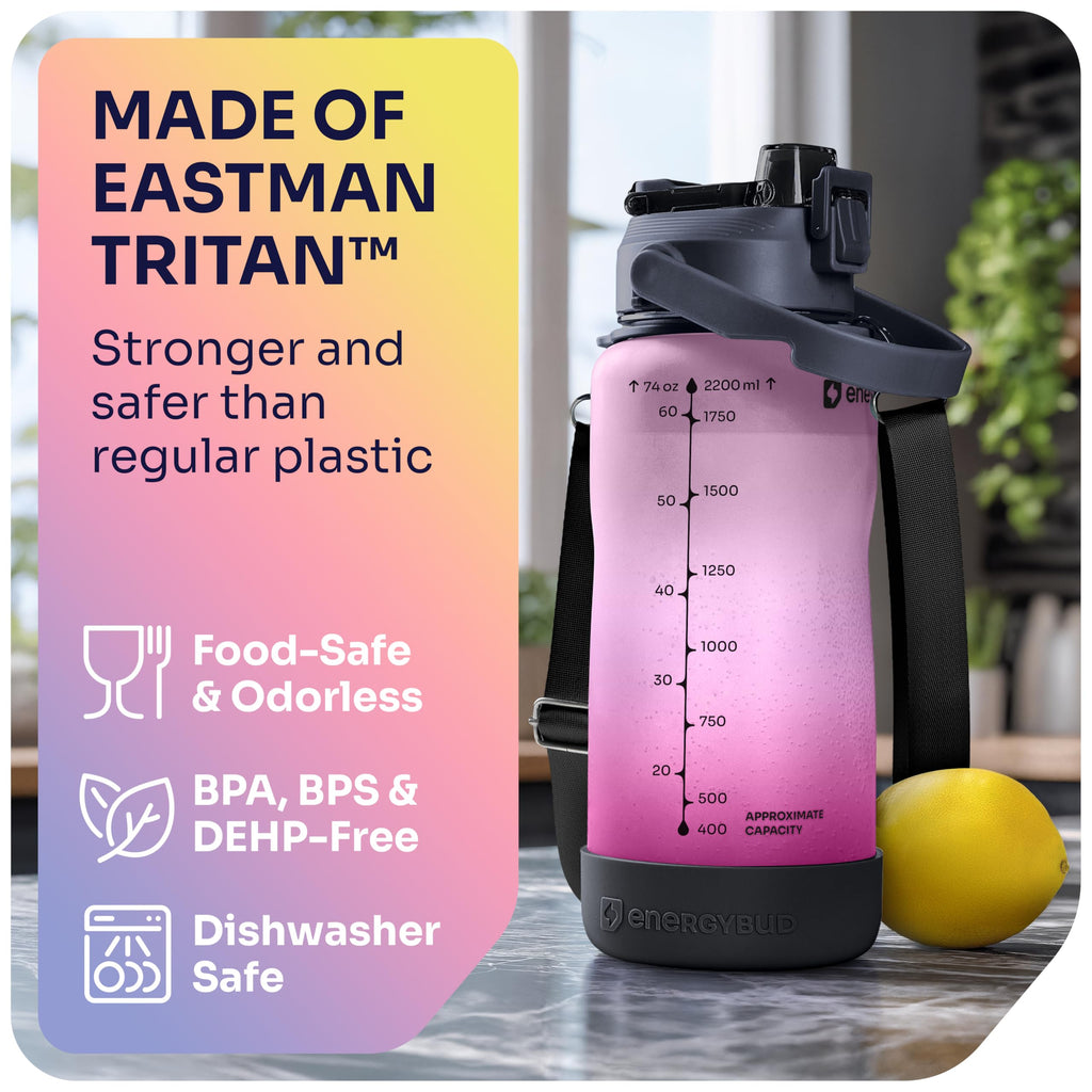 1/2 Gallon Water Bottle with 74.3 oz Capacity - Motivational Time Markers for Daily Hydration Goals - Leakproof BPA Free Tritan with Removable Straw