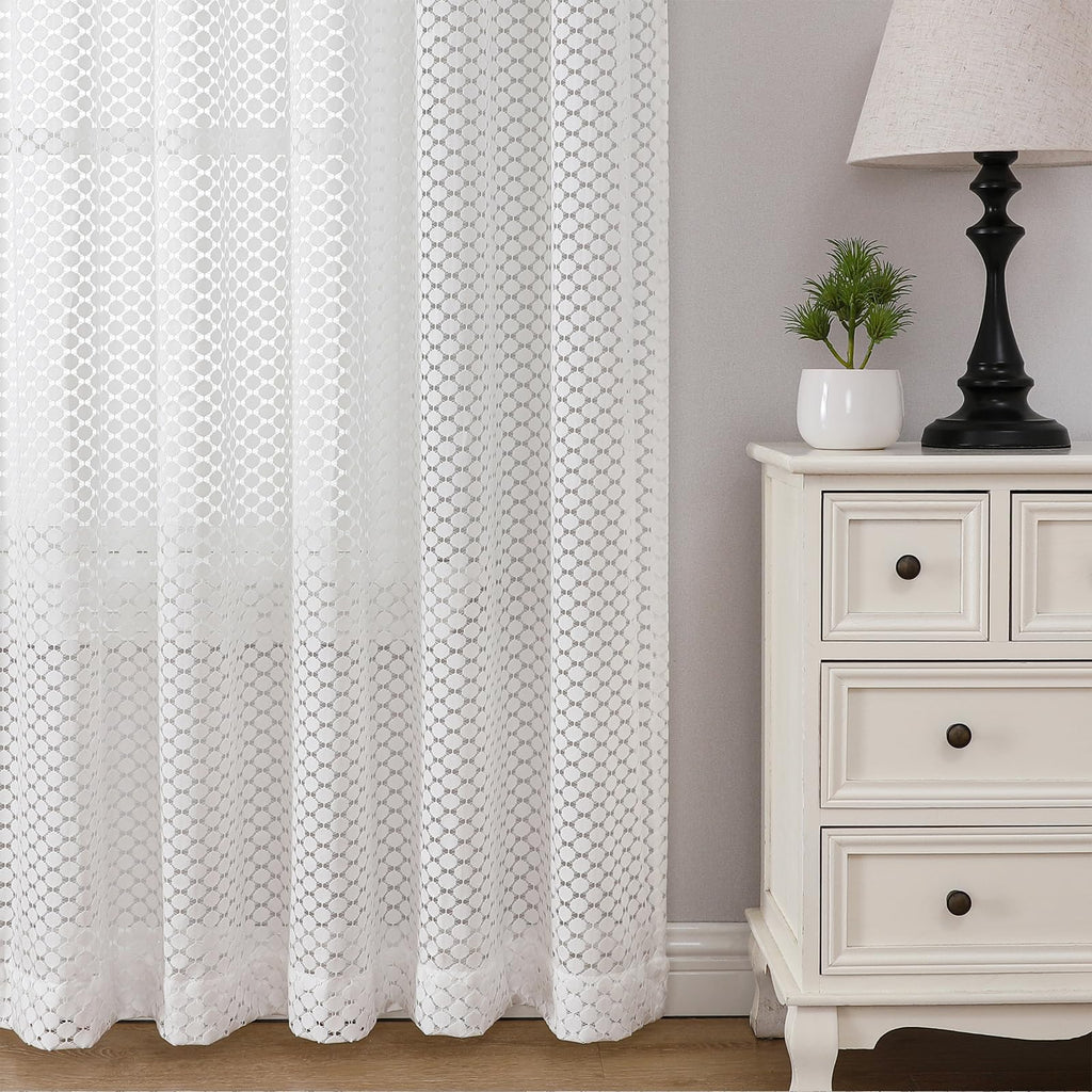 VISIONTEX Sheer Curtains 63 Inches Long 2 Panels Set, Beige and Ivory Moroccan Embroidery Texture Geometric Rod Pocket White Voile Tulle Semi Window Treatment Pair for Bedroom, W54 x L63
