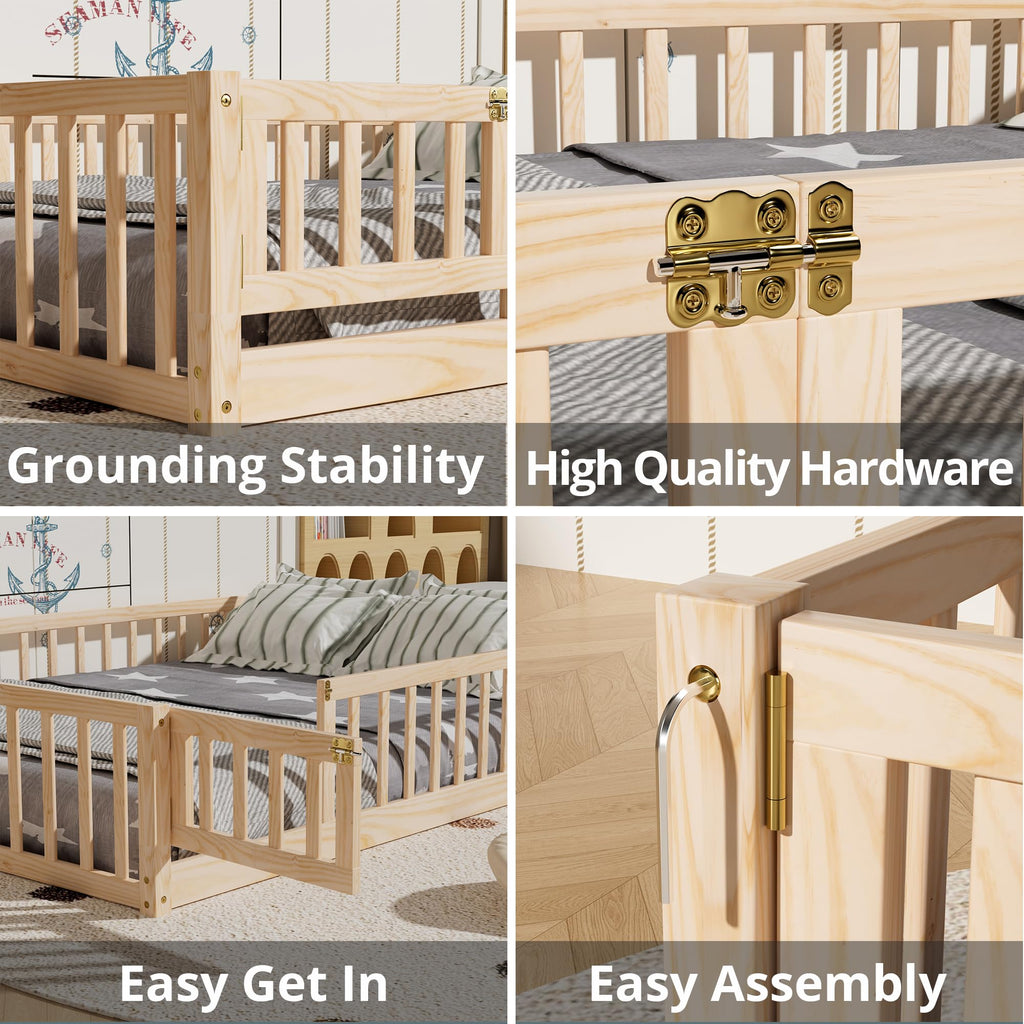 i-POOK Queen Floor Bed for Children, Sturdy Wood Montessori Bed Frame with Wood Slats, High Fence & Small Door for Girls and Boys, Espresso (with Bed Slats)