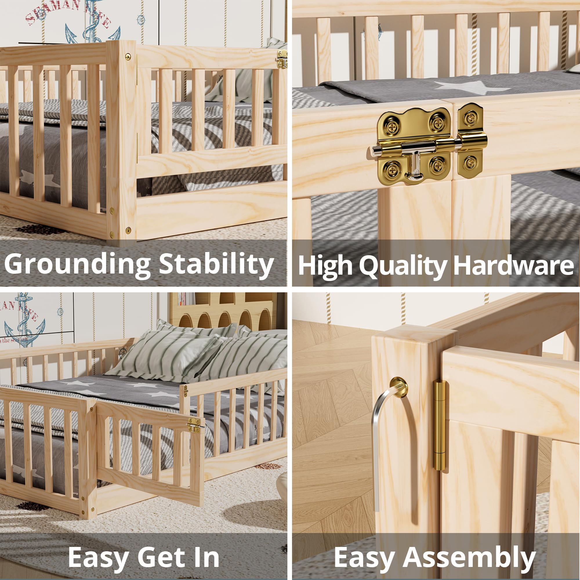i-POOK Queen Floor Bed for Children, Sturdy Wood Montessori Bed Frame with Wood Slats, High Fence & Small Door for Girls and Boys, Espresso (with Bed Slats)