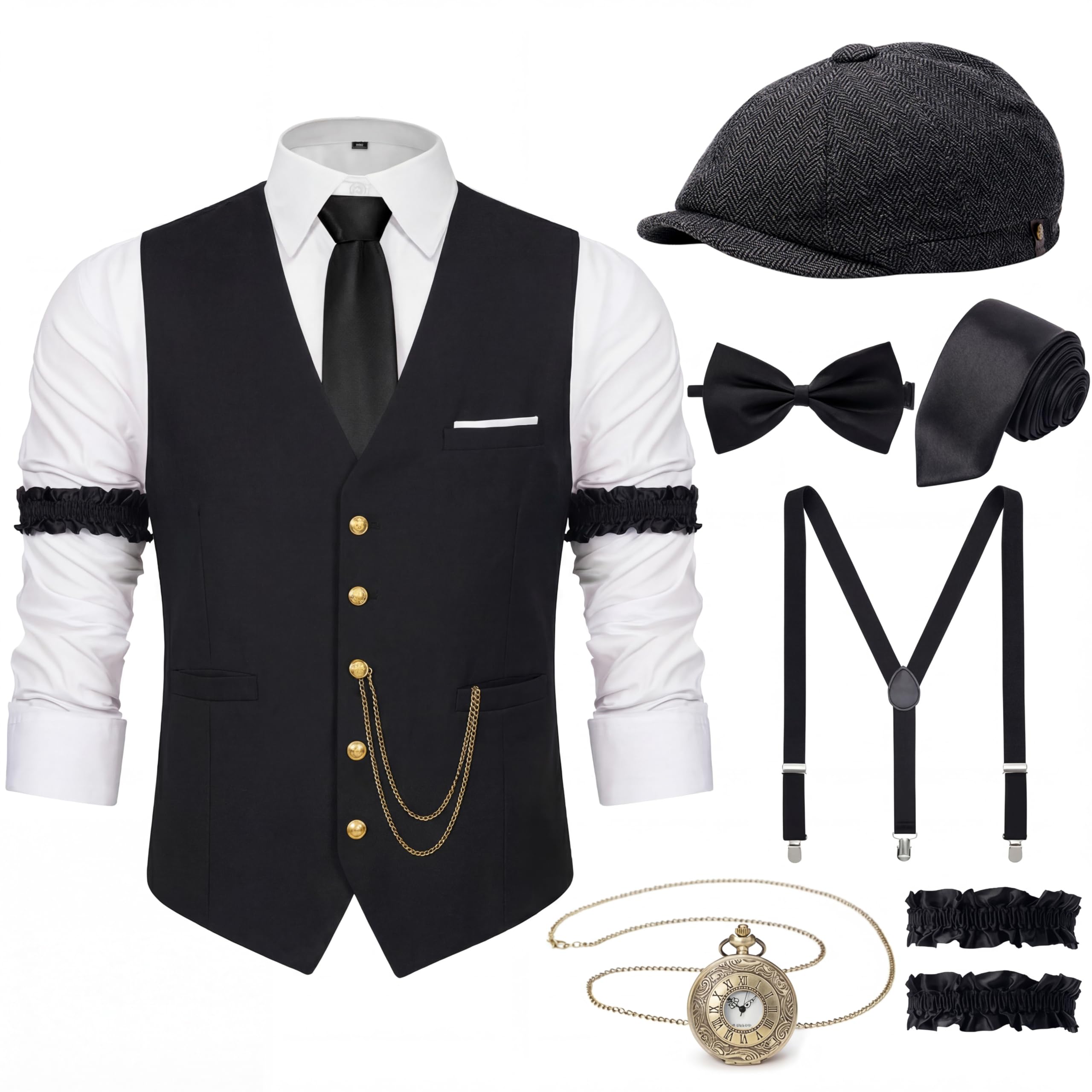 YESSA 1920s Mens Costume,Roaring 20s Costumes for Men,Gatsby Costume Men,1920s Mens Outfit Hat Vest Pocket Watch Tie