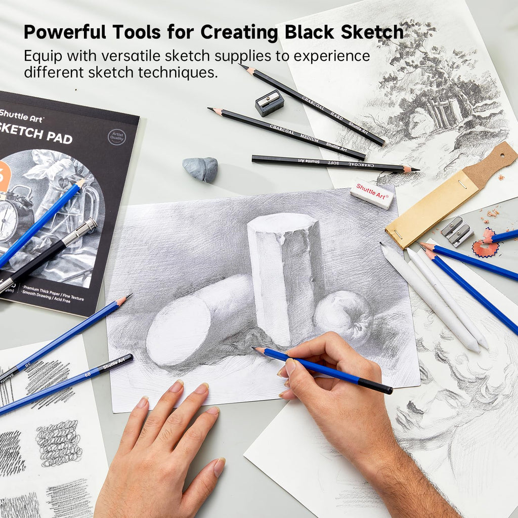 Shuttle Art 103 PCS Drawing Kit, Professional Drawing Supplies with Sketch, Charcoal, Colored, Graphite, Pastel Pencils & Sticks, Complete Drawing Tools and Paper Pads in Zipper Case for Artists&Kids
