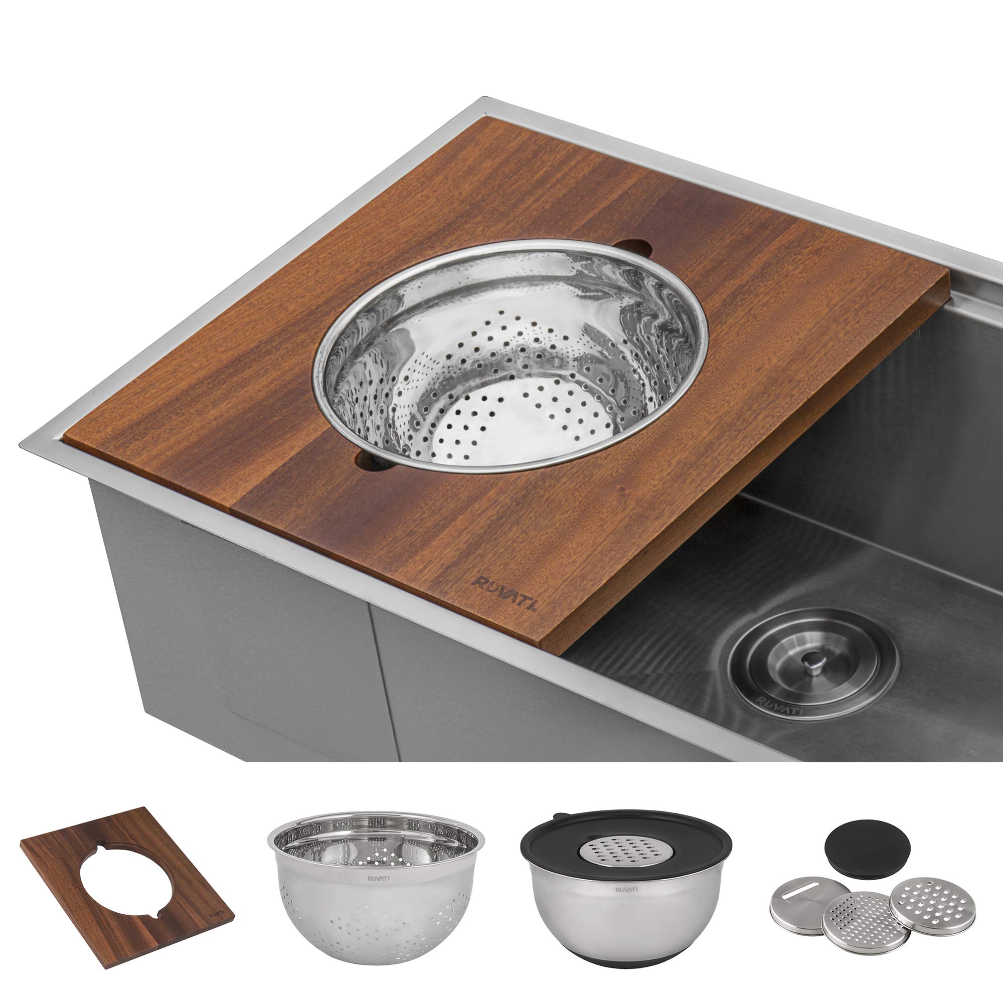 Ruvati 33-inch Workstation Kitchen Sink - Dual Tier Double Bowl Kitchen Sink - Low Divide Undermount Sinks - 16 Gauge Stainless Steel Kitchens Sinks - RVH8255