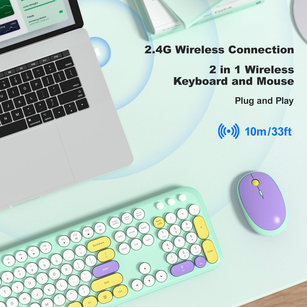 MOFII Wireless Keyboard and Mouse Combo, Compact Typewriter Retro Round Computer Keyboard and Mouse Set, Plug and Play, for Windows, Computer, Desktop, PC, Notebook - Black Green Gradient