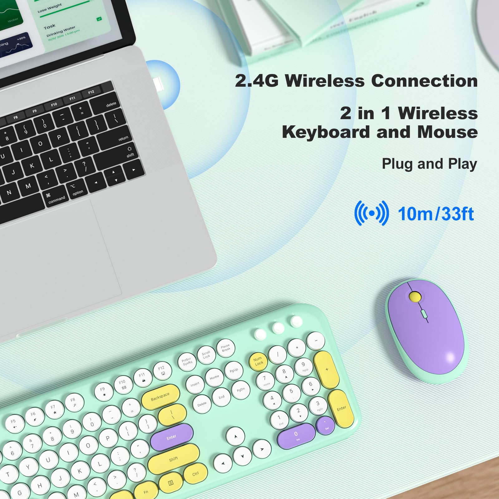 MOFII Wireless Keyboard and Mouse Combo, Compact Typewriter Retro Round Computer Keyboard and Mouse Set, Plug and Play, for Windows, Computer, Desktop, PC, Notebook - Black Green Gradient