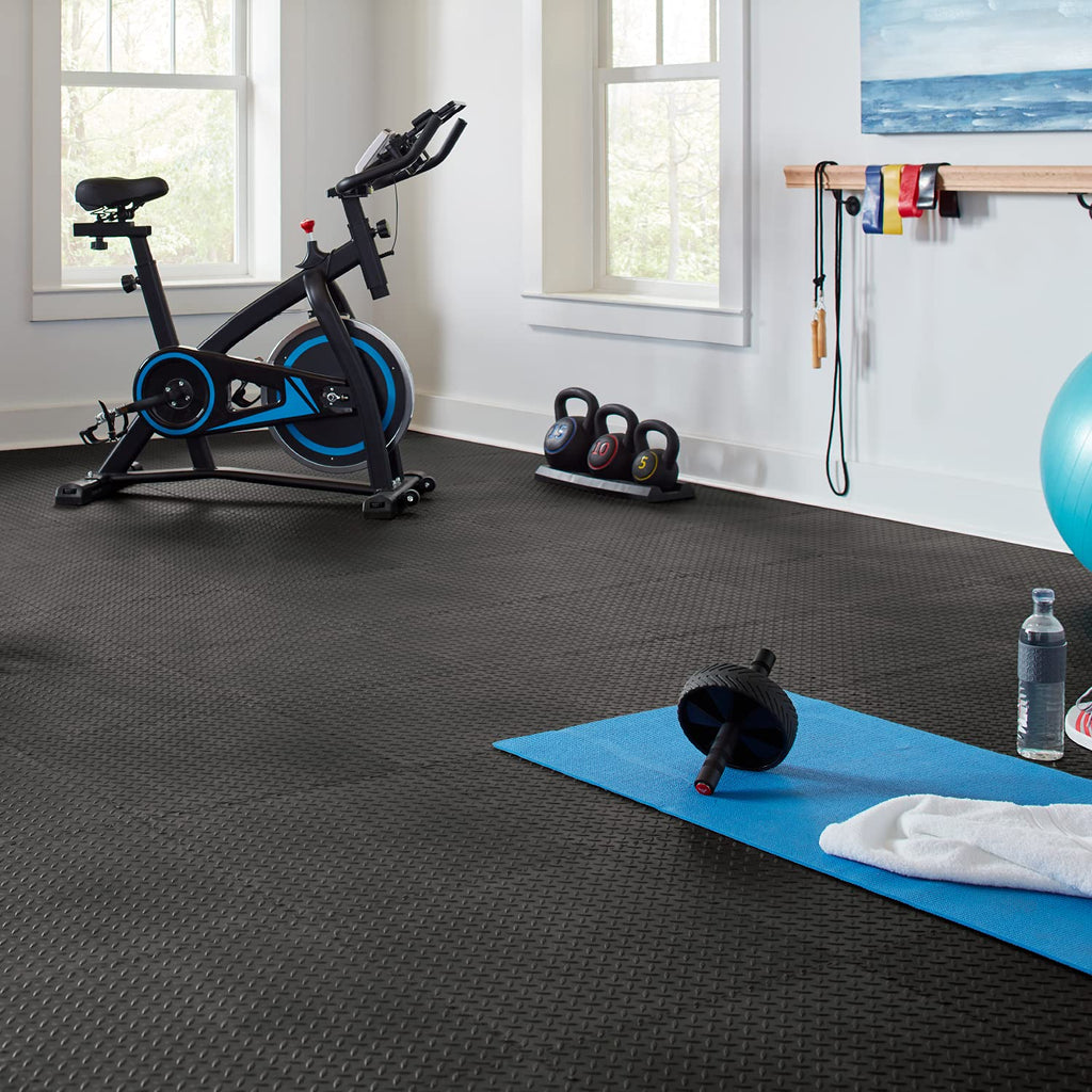 VersaTex Garage Floor 18 x 18 inch Square Rubber Diamond Plate Interlocking Floor Tiles for Home Gym, Garage Flooring, Trade Show Flooring, Basement Tiles, 24 Pack (Black)