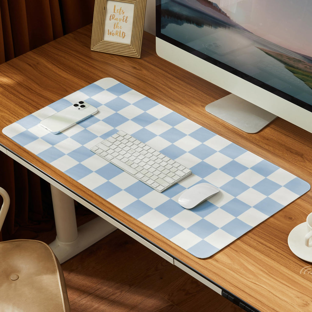 Ohocut Checkered Desk Mat, Large Cute Aesthetic Retro PU Leather Computer Laptop Desk Mat, Non-Slip Waterproof Mouse Keyboard Pad, Desk Writing Mat for Work/Home (Beige, 23.6" x 13.7")