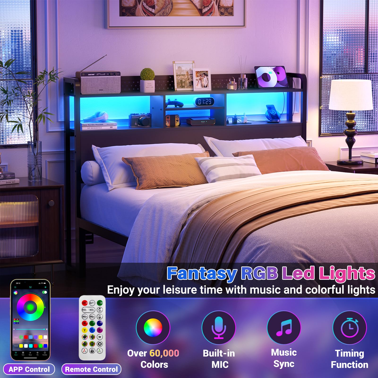 Unikito Headboard for Queen Size Bed with Storage Shelf, Head Board with 3 Outlets and 2 USB Ports, Headboards with RGB LED Light, Height Adjustable, Sturdy and Stable, Easy Assembly, Black