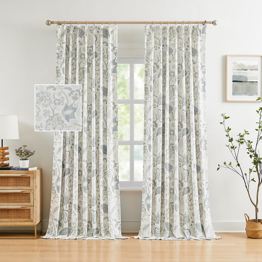 Kayne Studio Pinch Pleated Full Blackout Window Curtain Panels Botanical Floral Boho Leaf Print Country Farmhouse GreenYellow Room Darkening Thermal Insulated Window Treatment Bedroom,40"x84",2 Panels