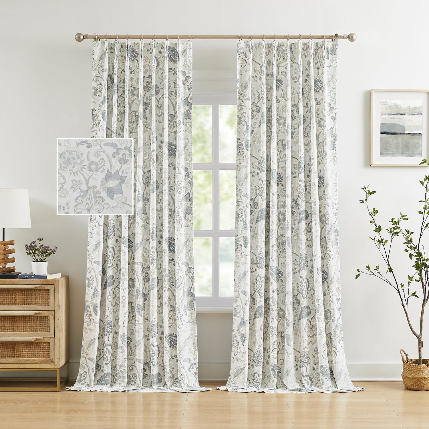 Kayne Studio Pinch Pleated Full Blackout Window Curtain Panels Botanical Floral Boho Leaf Print Country Farmhouse GreenYellow Room Darkening Thermal Insulated Window Treatment Bedroom,40"x84",2 Panels