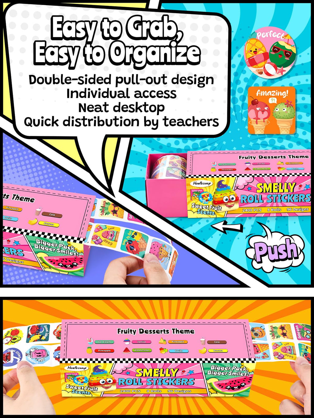 HORIECHALY 3 Rolls Scratch and Sniff Stickers for Kids, 600PCS Smelly Scented Stickers, Kid's Reward Sticker, Classroom Teacher Must Haves, School Supplies Incentives Christmas Children‘s Gift-1.57''