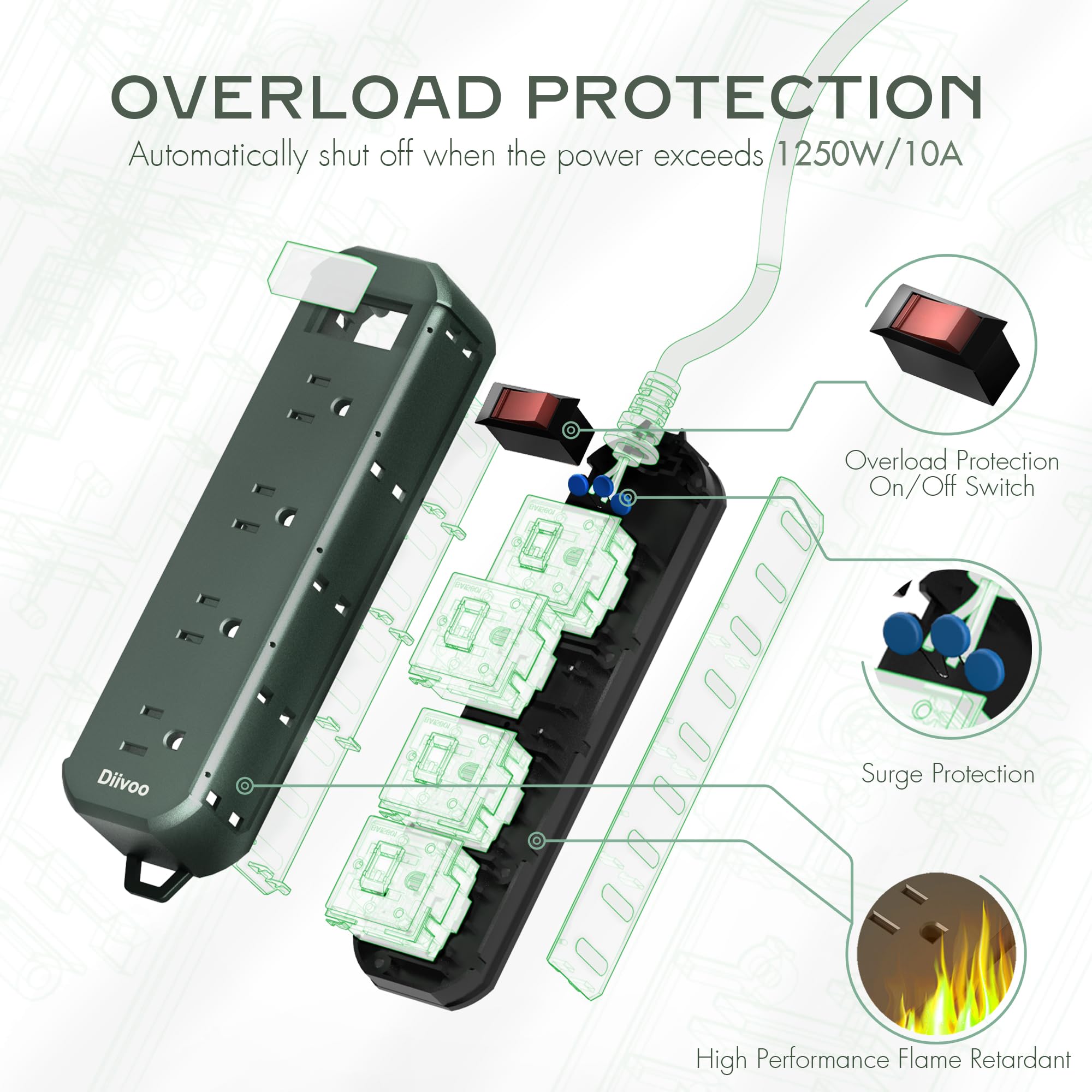 Outdoor Power Strip Weatherproof, 25 FT Extension Cord, Diivoo Waterproof Surge Protector with 4 Outlets 1250W Shockproof Overload Protection, Flat Plug, Black