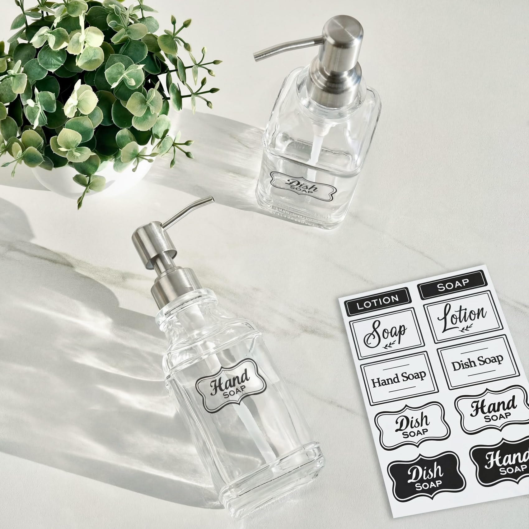 JASAI Antique Design Soap Dispenser with Rust Proof 304 Stainless Steel Pump, Refillable Glass Soap Dispenser with 10Pcs Clear Stickers, Premium Kitchen & Bathroom Soap Dispenser