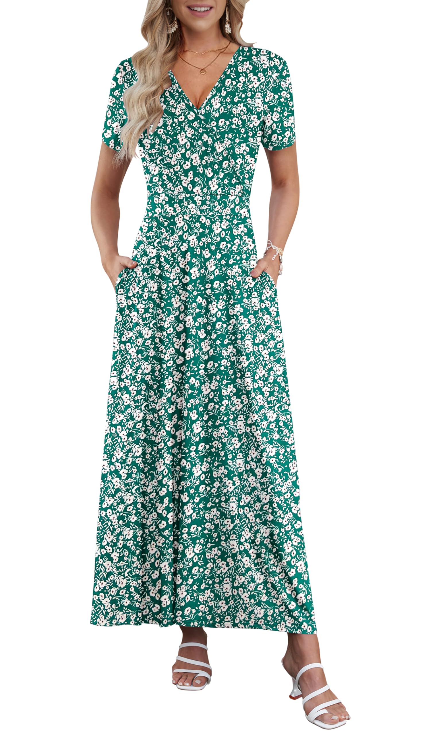 AUSELILY Maxi Dresses for Women Ankle Length Floral Print Beach Long Flowy Dress with Pockets