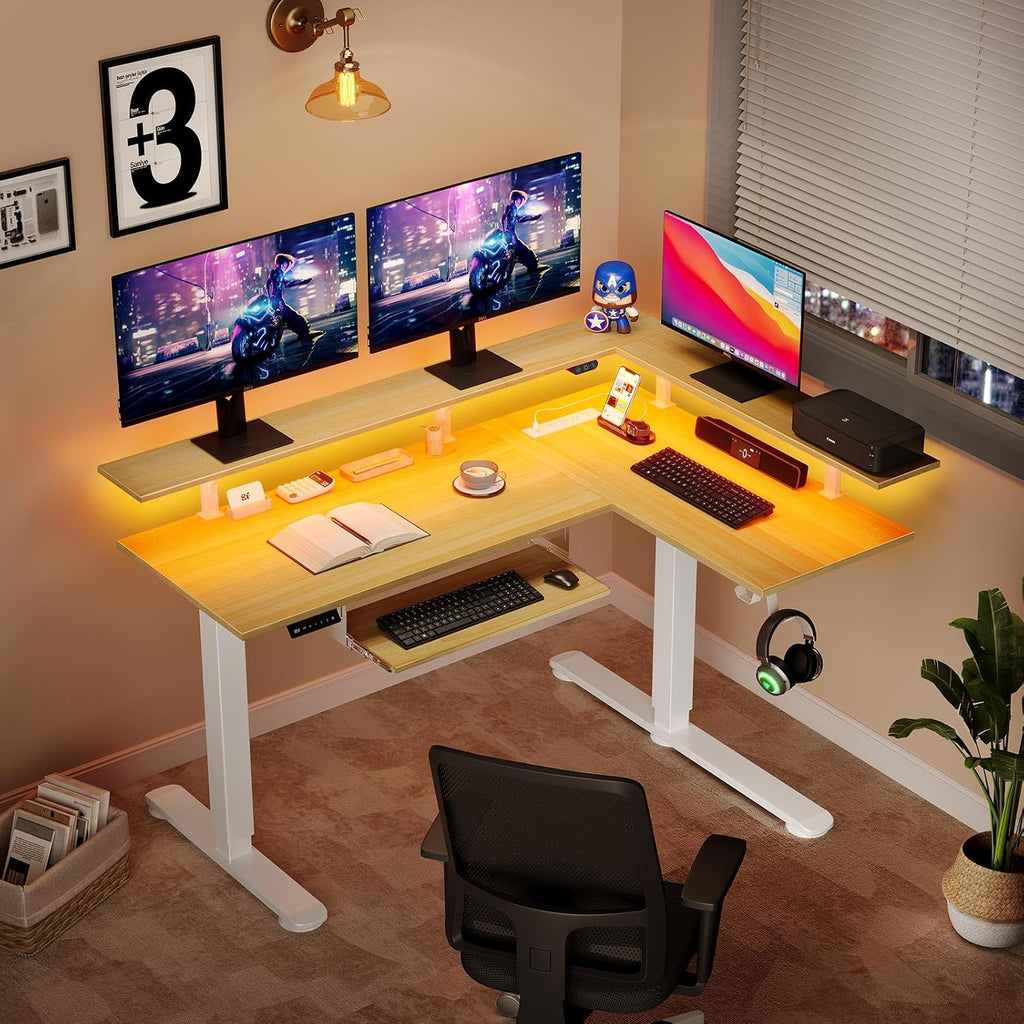 Rolanstar L Shaped Standing Desk with Keyboard Tray, Height Adjustable Corner Desk with LED Light & Power Outlet, Electric Sit Stand Computer Desk with Monitor Stand, Beige