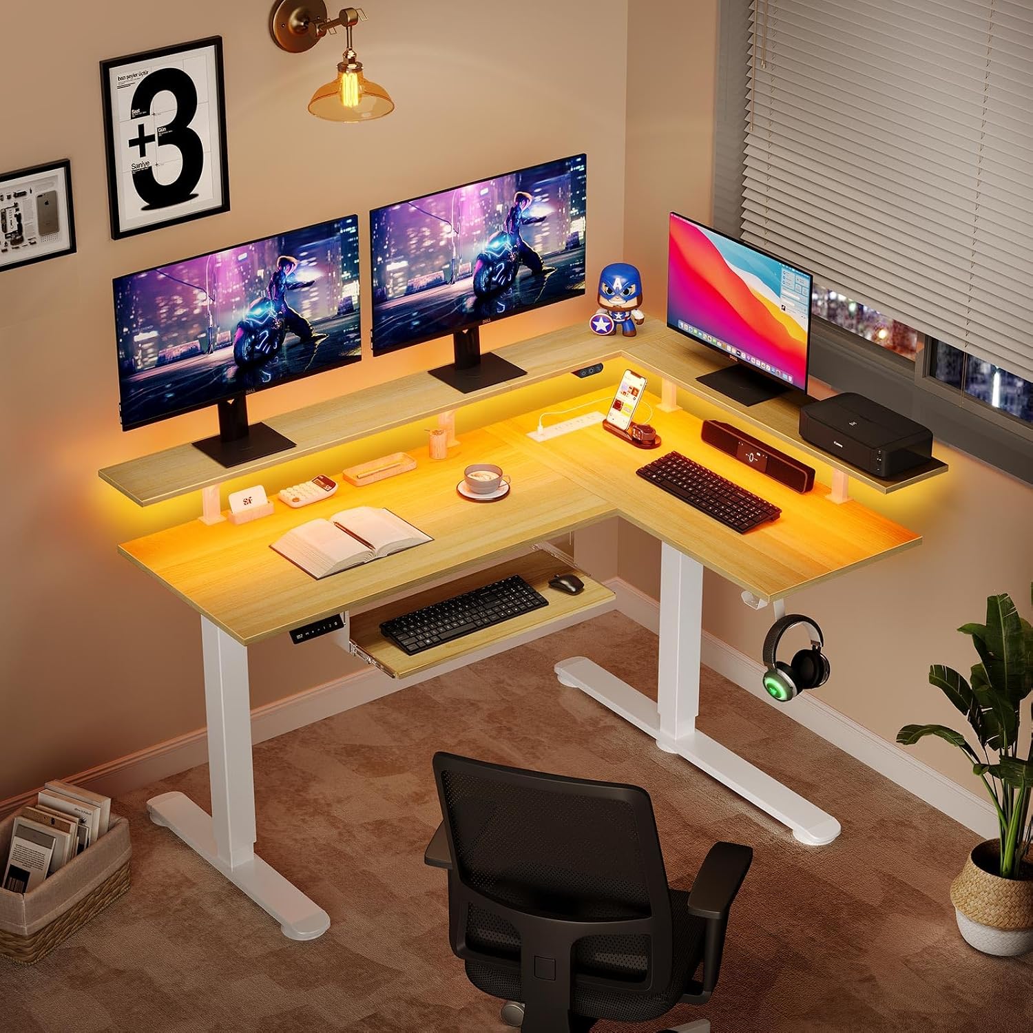 Rolanstar L Shaped Standing Desk with Keyboard Tray, Height Adjustable Corner Desk with LED Light & Power Outlet, Electric Sit Stand Computer Desk with Monitor Stand, Beige