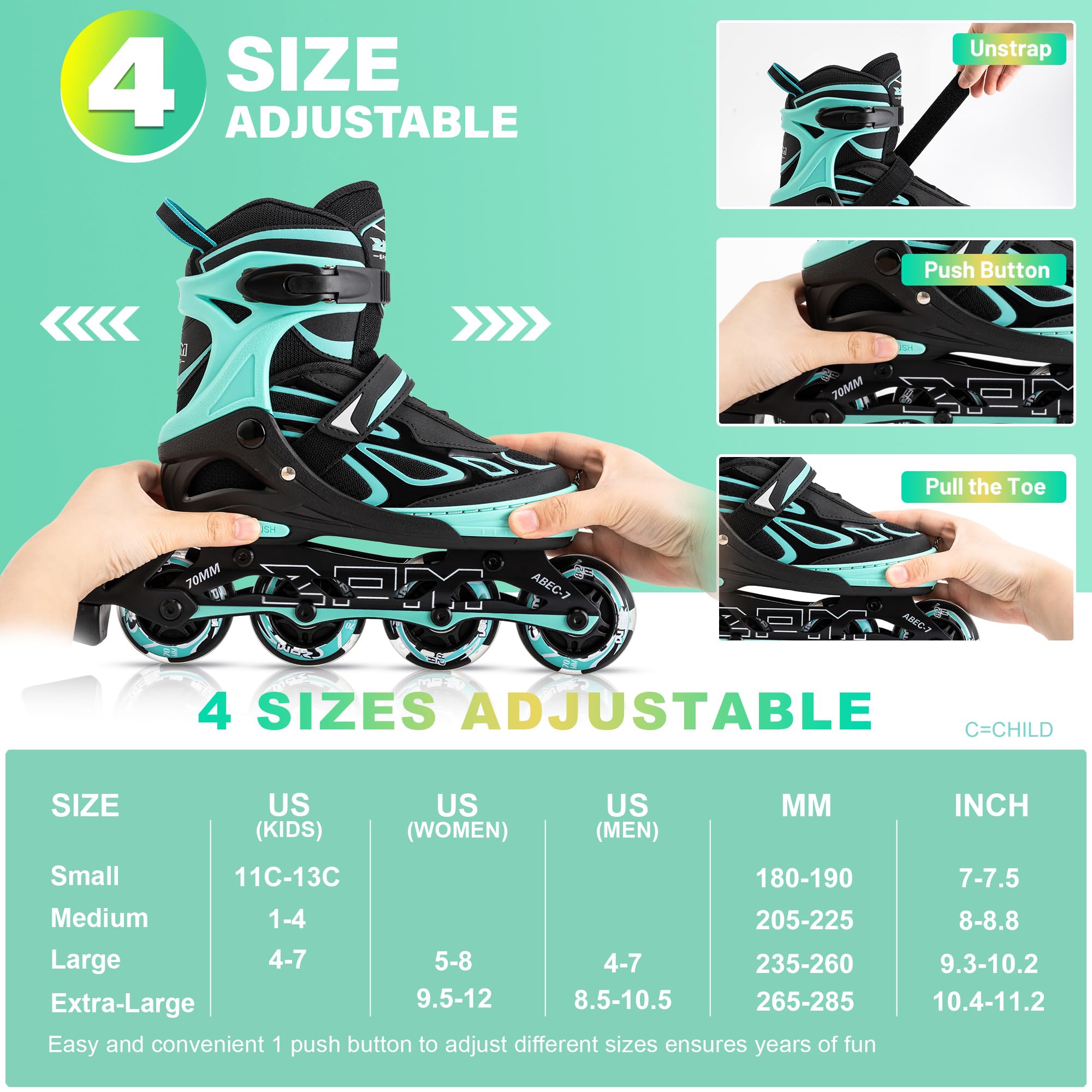 2PM SPORTS Vinal Girls Adjustable Flashing Inline Skates, All Wheels Light Up, Fun Illuminating Skates for Kids Men Adult Women and Boys