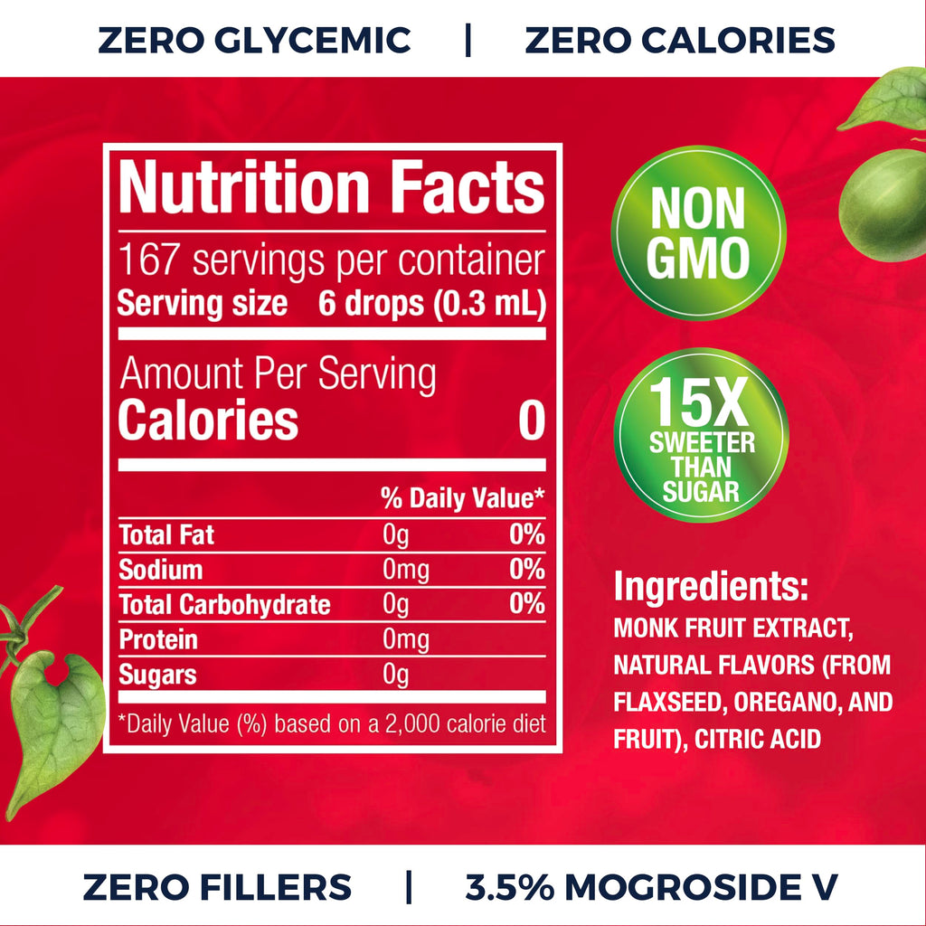 Monk Fruit Extract (6 Drops = 1 Tsp of Sugar) Zero Calories, Non-GMO, No Fillers - Liquid Monk Fruit Sweetener No Erythritol by Transparency Foods NEW FORMULA (1.7oz, 167 servings)