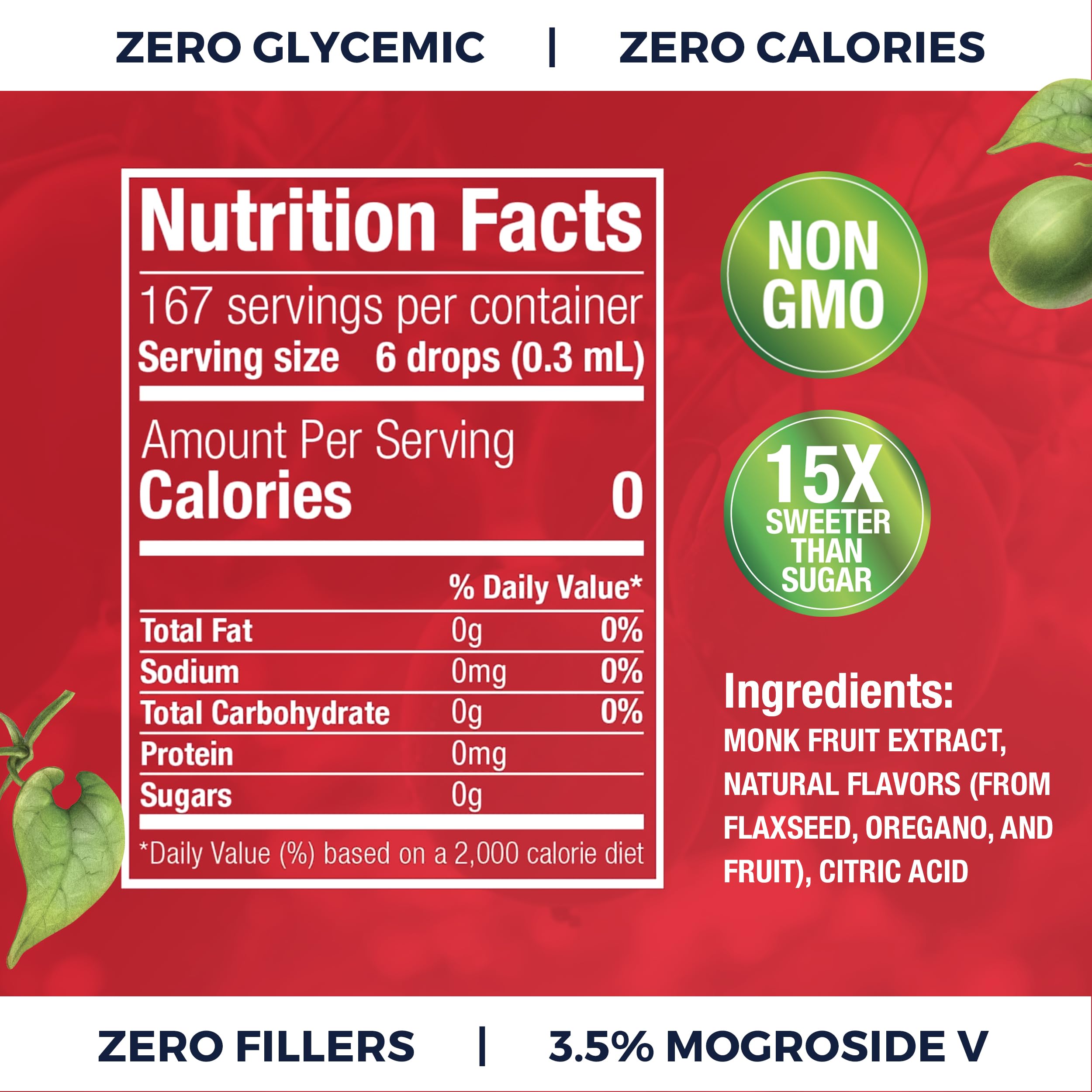 Monk Fruit Extract (6 Drops = 1 Tsp of Sugar) Zero Calories, Non-GMO, No Fillers - Liquid Monk Fruit Sweetener No Erythritol by Transparency Foods NEW FORMULA (1.7oz, 167 servings)