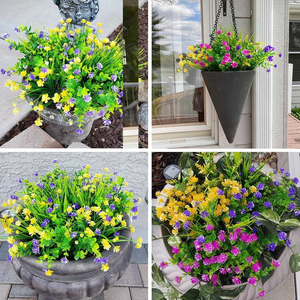12 Bundles Outdoor Artificial Fake Flowers UV Resistant No Fade Boxwood Faux Plastic Shrubs Plants for Garden Patio Porch Window Box Home Wedding Farmhouse Hanging Décor