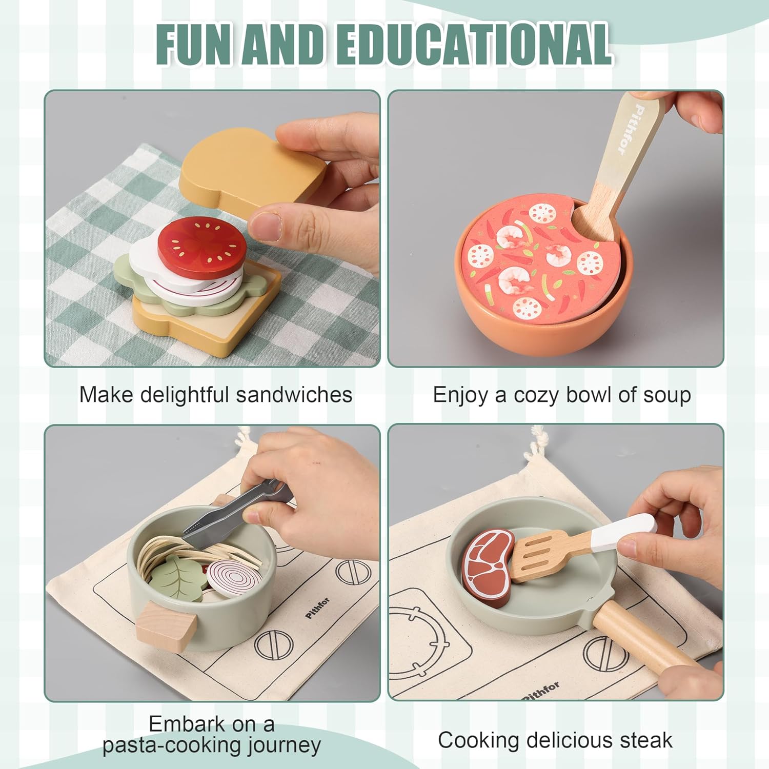 Pithfor Wooden Play Cooking Set, Pretend Play Kitchen Accessories Toys Set for Kids Toddlers, Including Play Dishes, Pot and Pan, Utensils, Gifts for 3 4 5 Years Old Girls Boys