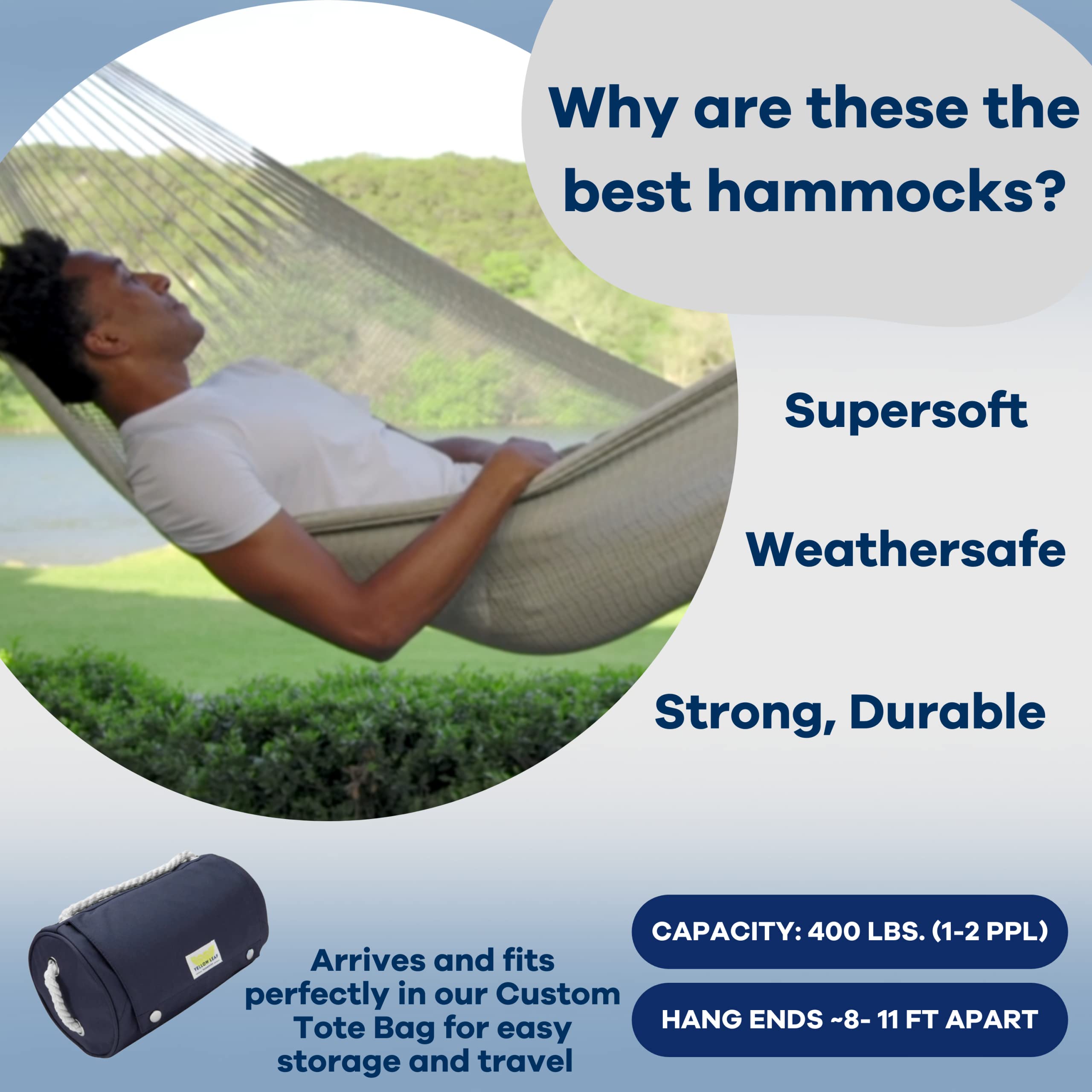 Handwoven Hammock by Yellow Leaf Hammocks - Double Size, Fits 1-2 PPL, 400lb max - Weathersafe, Super Strong, Easy to Hang, Ultra Soft, Artisan Made - Color: Natural Khaki