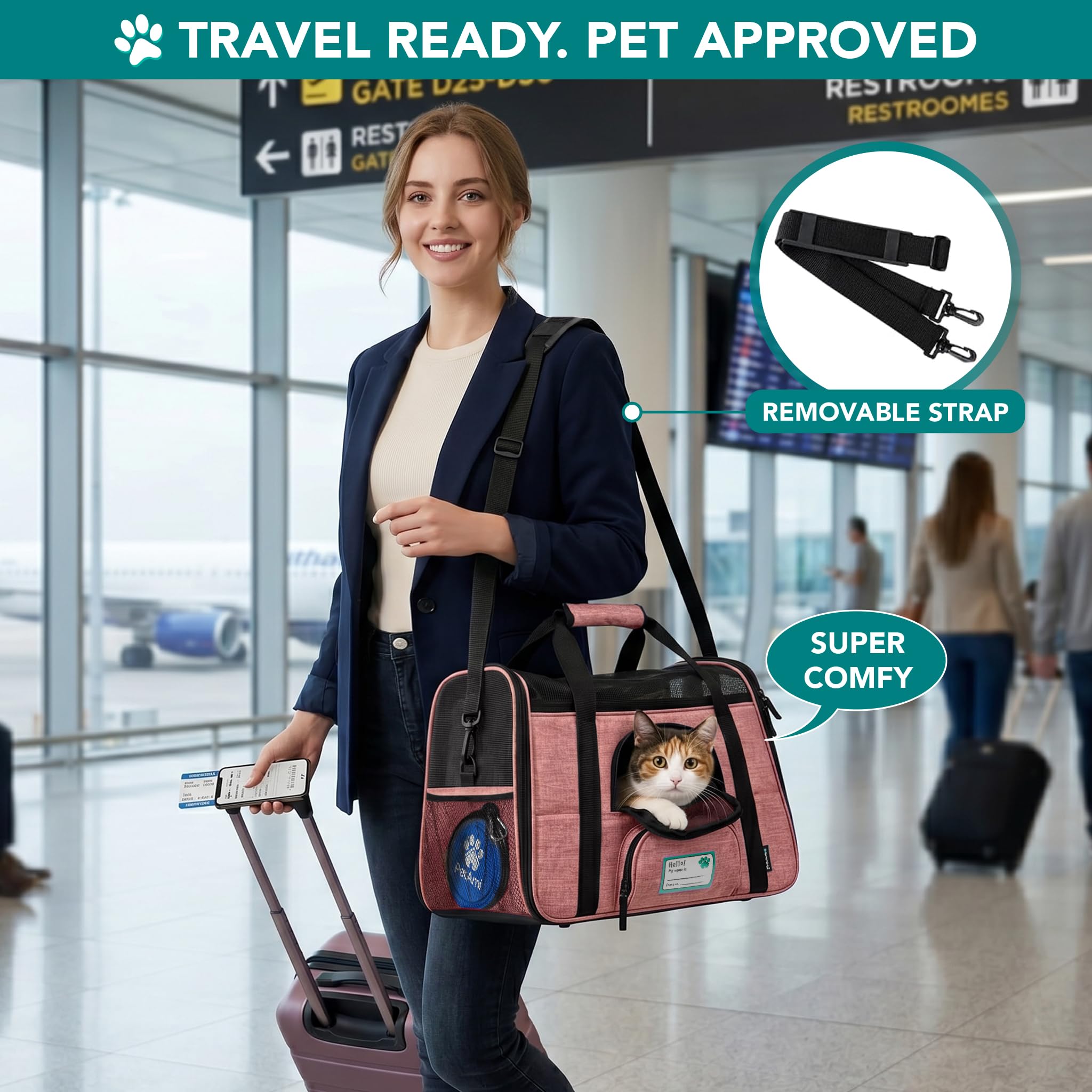 PetAmi Airline Approved Pet Carrier for Cats & Small Dogs, Soft Sided TSA Travel Carrier Bag with Sherpa Bed, Breathable Mesh Ventilation, Collapsible Bowl, Fits Under Seat, Up to 18 lbs, Small Black