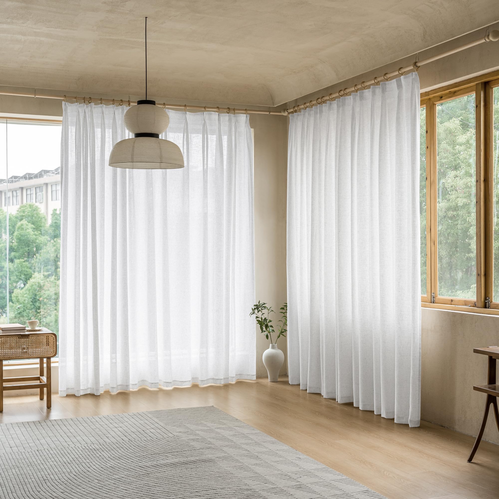 MAIHER Linen Textured Pleated Curtains 63 Inches Long for Living Room, Light Filtering Pinch Pleat Semi Sheer Drapes Curtains with Tieback and Hooks, Natural Linen (1 Panel, 54" W x 63" L)