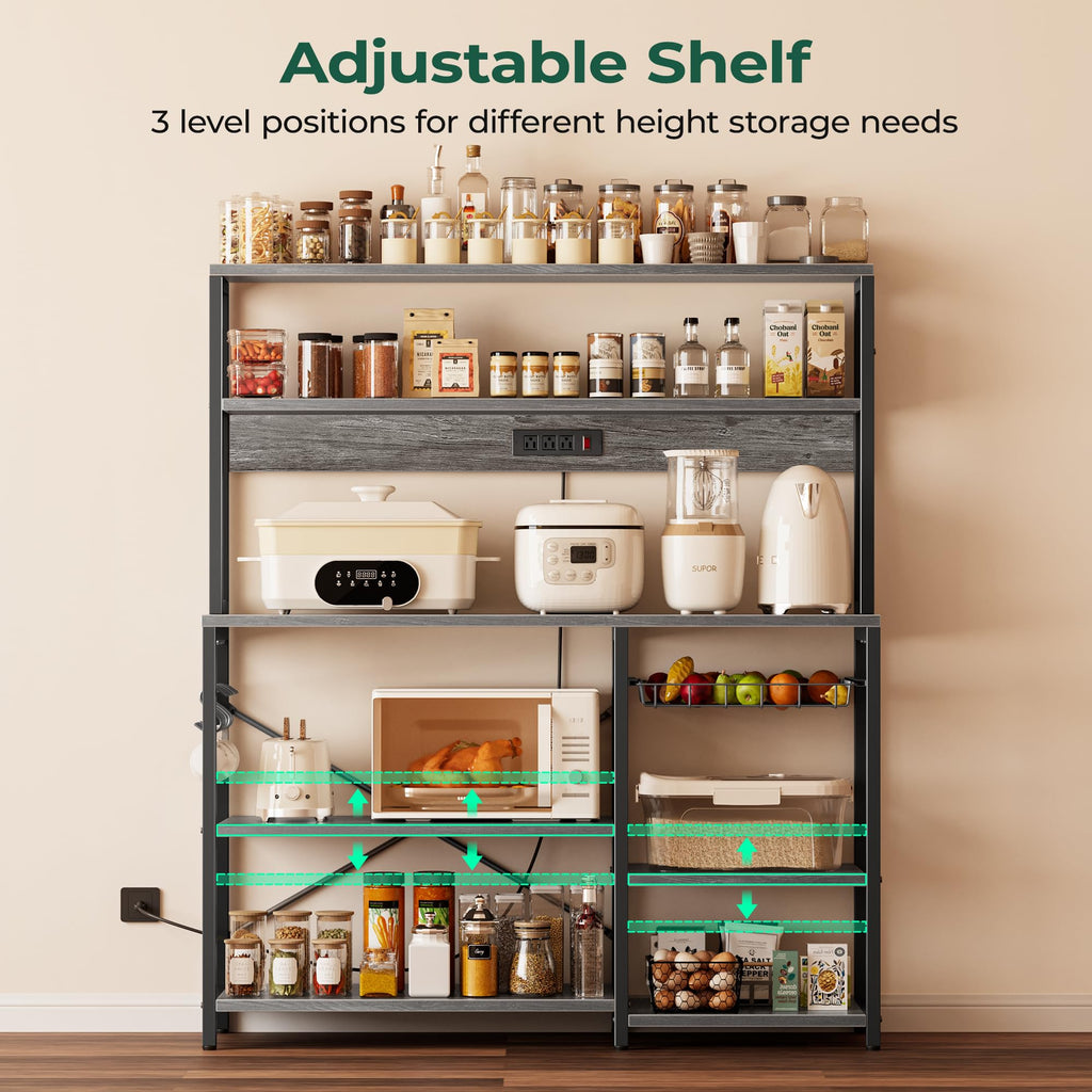 SUPERJARE Bakers Rack with Power Outlet, 35.4 Inches Coffee Bar with Wire Basket, Kitchen Microwave Stand with 6 S-Shaped Hooks, Open Storage Shelves, Black