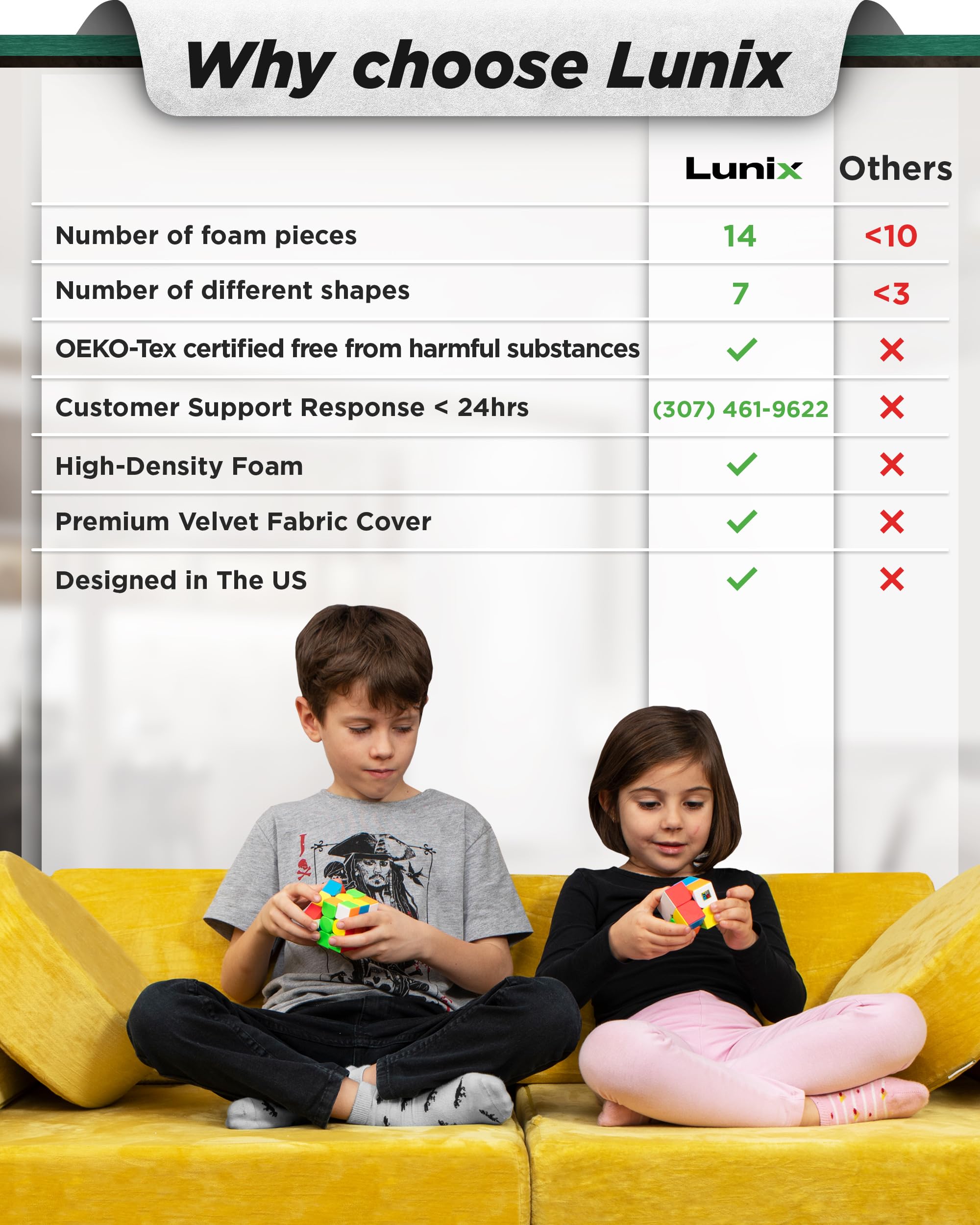 Lunix LX15 14pcs Modular Kids Play Couch, Child Sectional Sofa, Fortplay Bedroom and Playroom Furniture for Toddlers, Convertible Foam and Floor Cushion for Boys and Girls, Amber Yellow