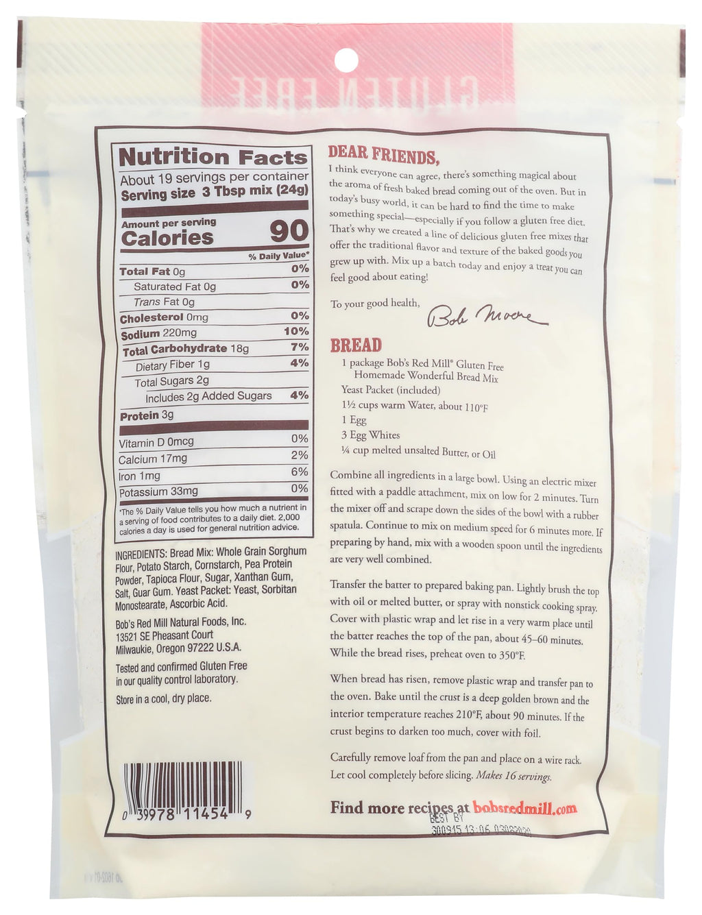 Bob's Red Mill Gluten Free Homemade Wonderful Bread Mix, 16oz (Pack of 1) - Gluten Free, Kosher