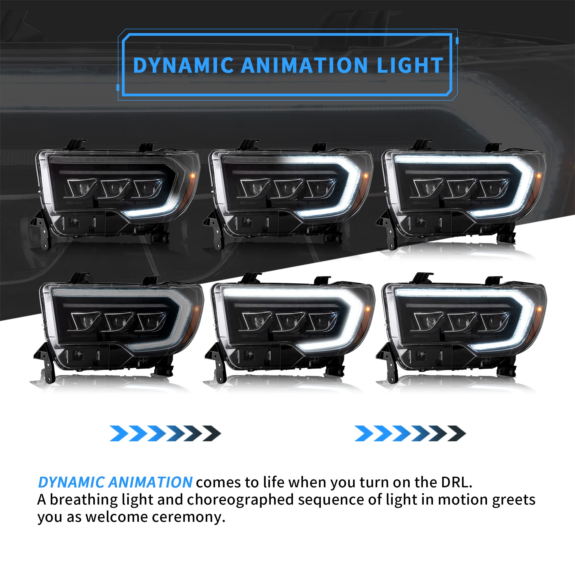VLAND LED Headlights Compatible with Toyota Tundra 2007-2013/ Sequoia 2008-2021 w/Sequential Turn Signal, w/Diamond White DRL w/LED Reflection bowl Amber Reflector Black Trim Panel