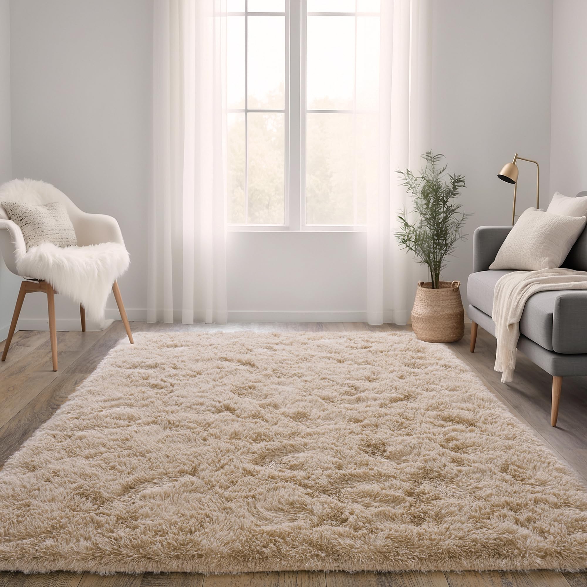Beige Fluffy Rug for Bedroom 4x6ft - Ultra Soft & Non Slip Shaggy Area Rug, Comfy Durable Carpet for Living Room Kids Room Teens Dorm Home Decor, 1.7'' Thick Indoor Plush Carpets