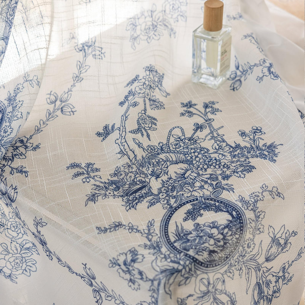 SUOUO Blue Leaf Semi Sheer White Curtains for Bedroom Dining Living Room Linen Textured 84 inches Long Rod Pocket Boho Window Drapes 2 Panels