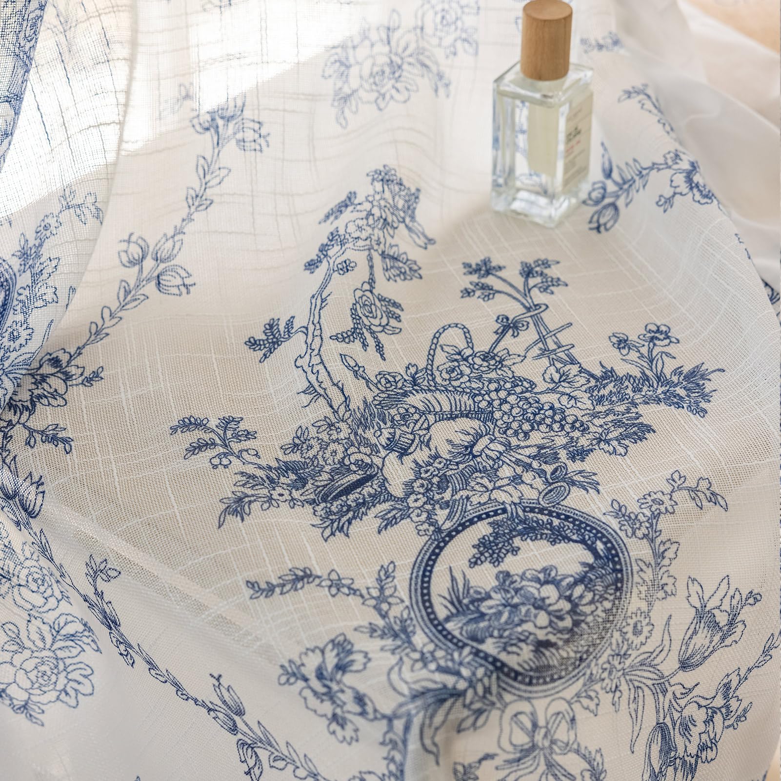 SUOUO Blue Leaf Semi Sheer White Curtains for Bedroom Dining Living Room Linen Textured 84 inches Long Rod Pocket Boho Window Drapes 2 Panels