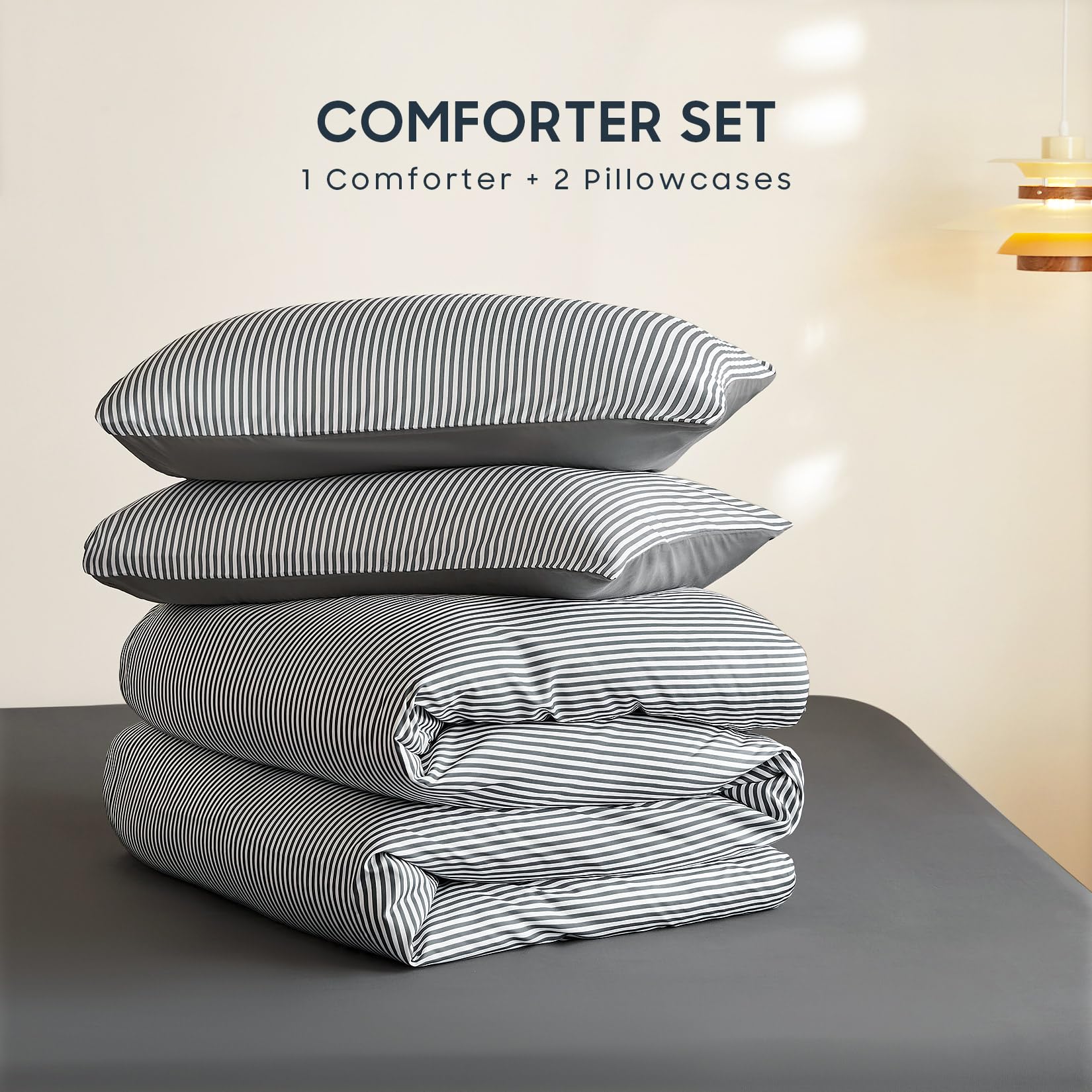 Wake In Cloud - Striped Comforter Set, Ticking Stripe Vertical Pinstripe Neutral Farmhouse Pattern Printed, Soft Lightweight Bedding, 3 Pieces, Blue White, Twin/Twin XL Size