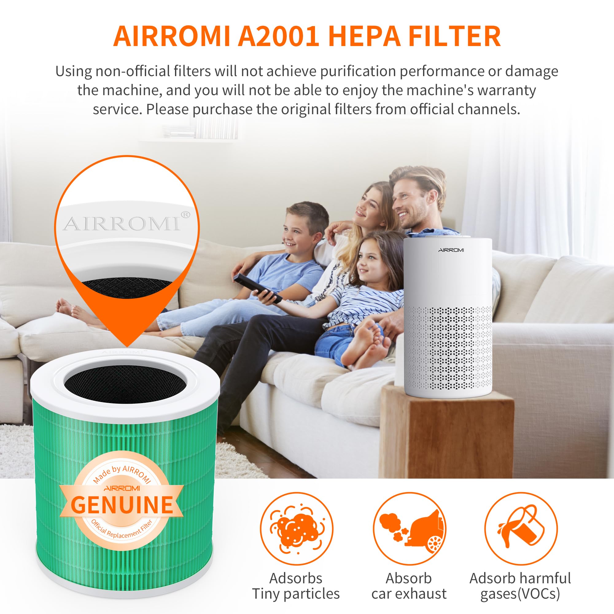AIRROMI A2001 HEPA Air Purifier Replacement Filter, 3-In-1 Original Filter, Remove 99.97% of 0.3 Micron Particle 2 Pack White Activated Carbon