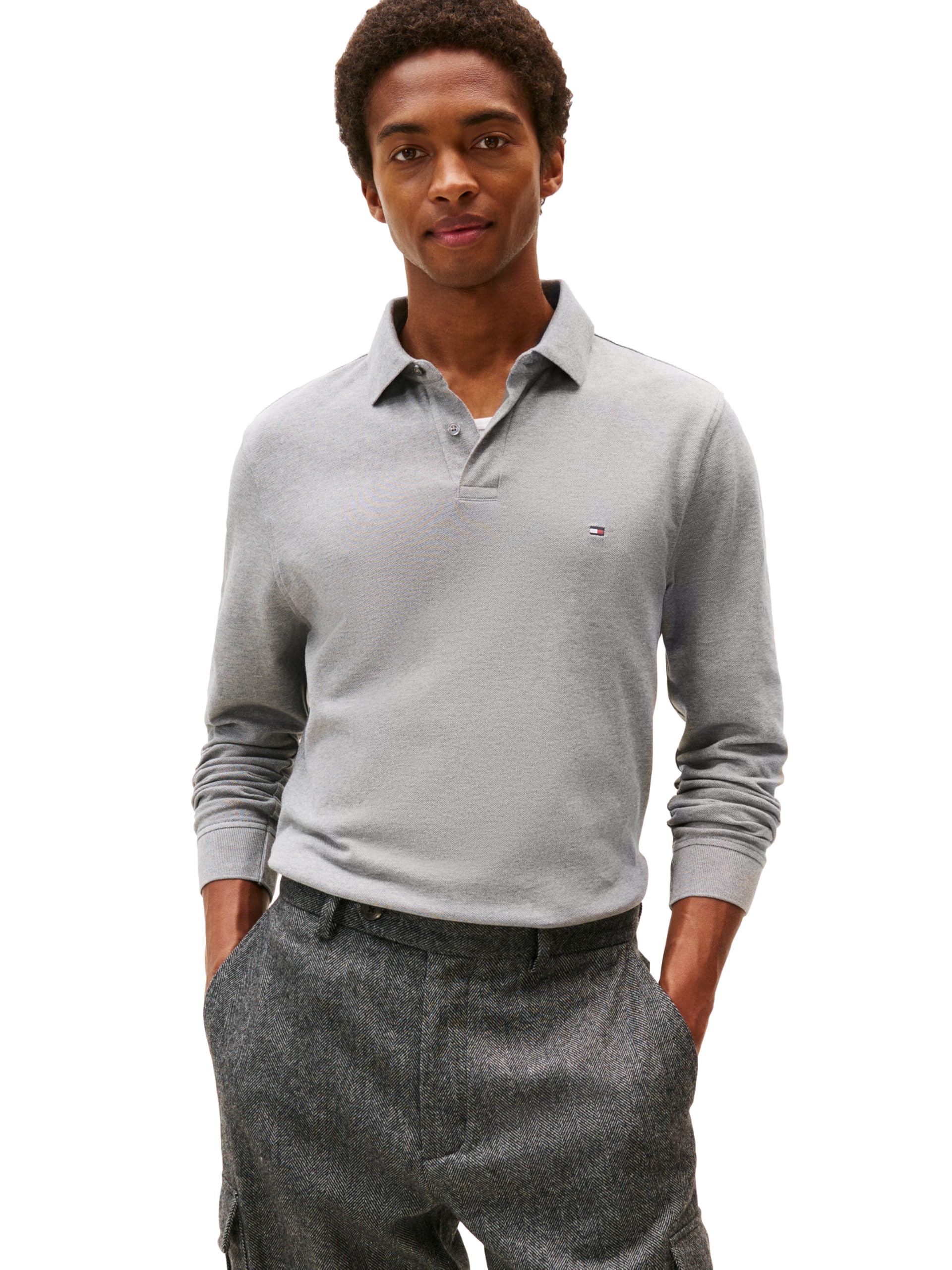 Tommy Hilfiger Men's Long Sleeve Polo Shirts in Regular Fit with Stretch and Organic Pique Cotton