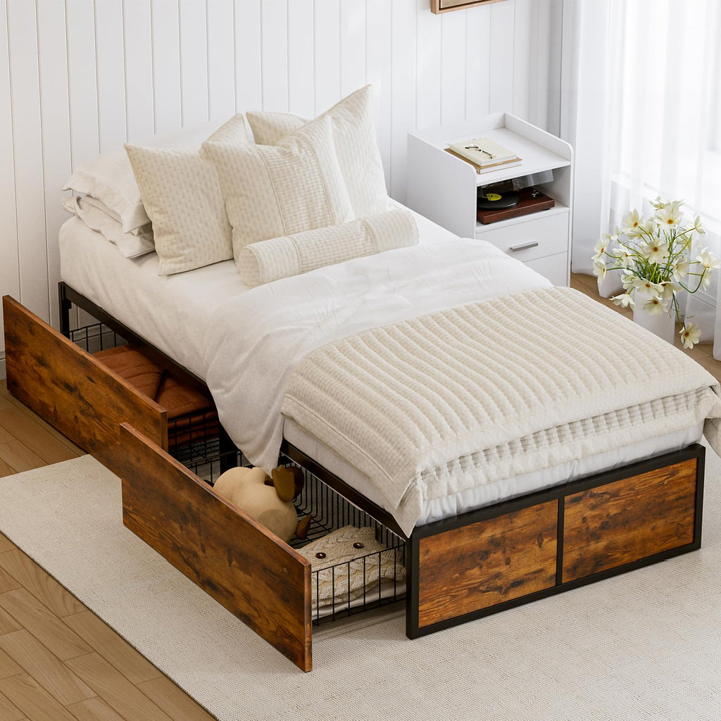 GAZHOME Twin Bed Frame with 2 XL Storage Drawers, Metal Platform Bed Frame with Footboard, 9 Strong Metal Slat Support/No Box Spring Needed/Easy Assembly/Space Saving Wood