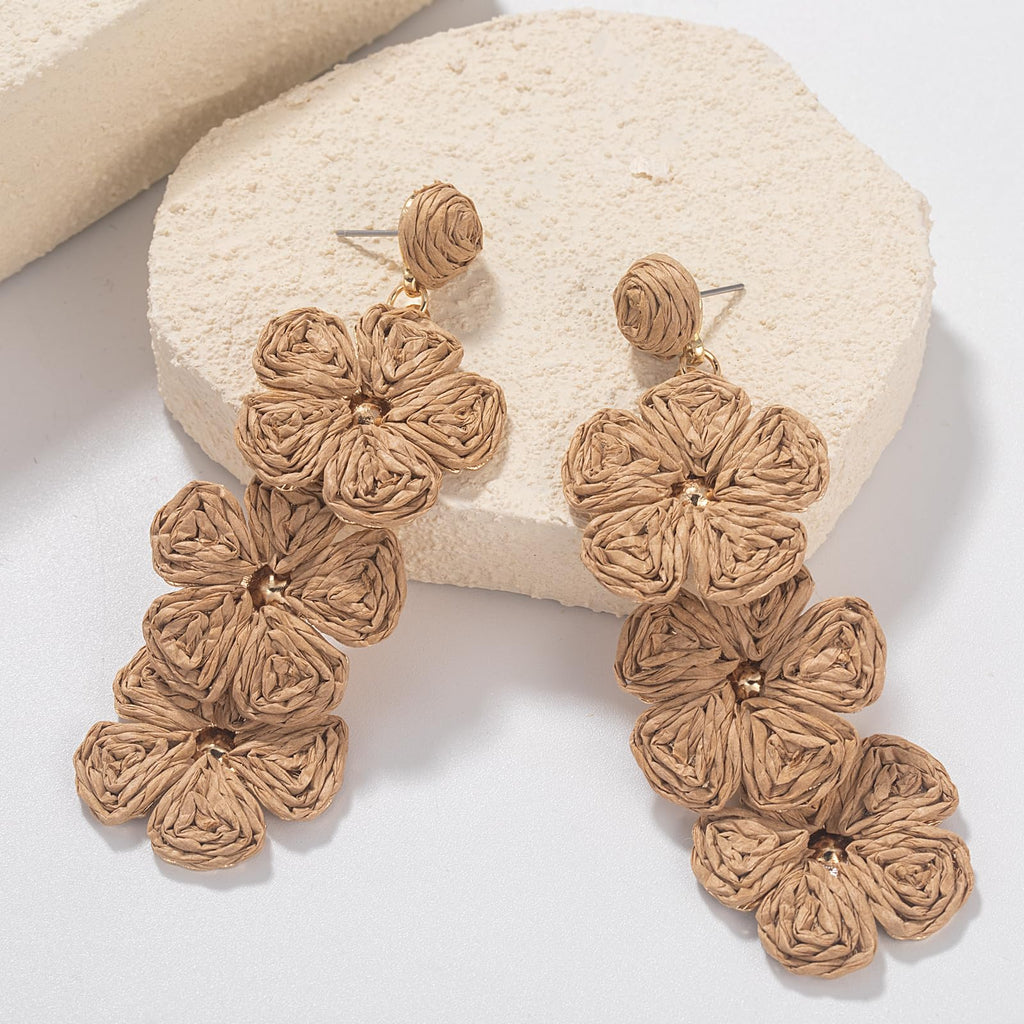 Boho Flower Earrings Statement Raffia Dangle Earrings Cute Floral Jewelry Trendy Summer Beach Vacation Outfits for Women