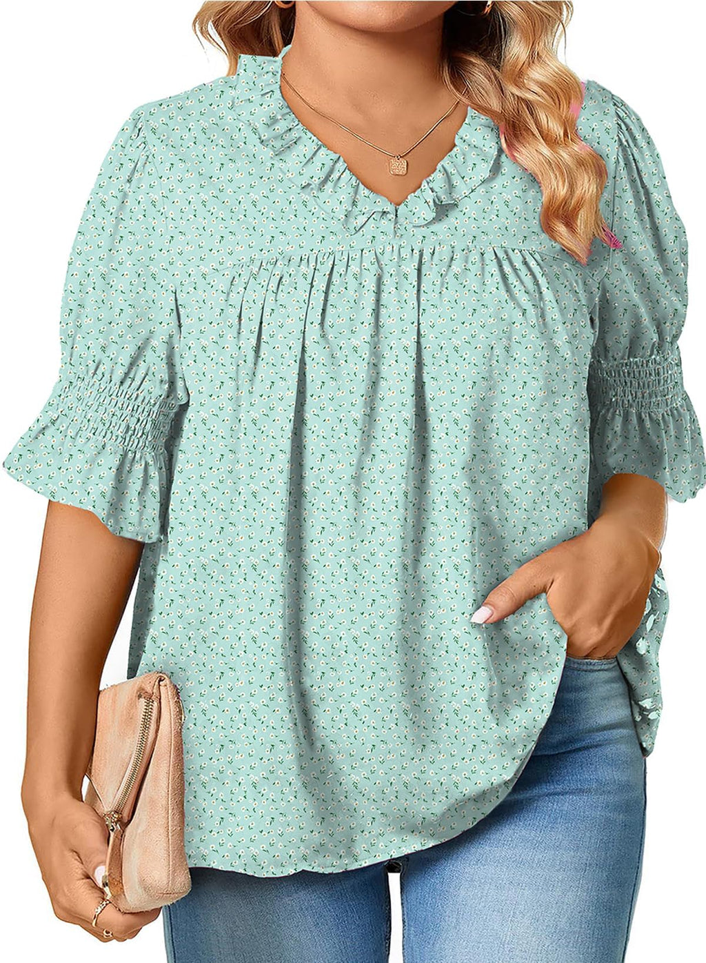 Eytino Plus Size Tops for Women Summer V Neck Short Sleeve Boho Floral Printed Flowy Chiffon Shirts Blouse(1X-5X)