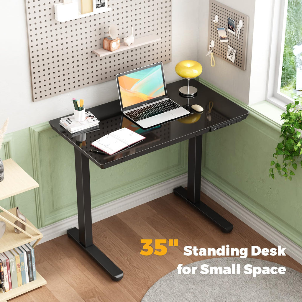 Glass Electric Standing Desk with Drawer, 35" x 20" Whole Piece Tabletop Samll Sit Stand Table, Height Adjustable Workstation with Storage & USB Ports, Quick Install Home Office Desk