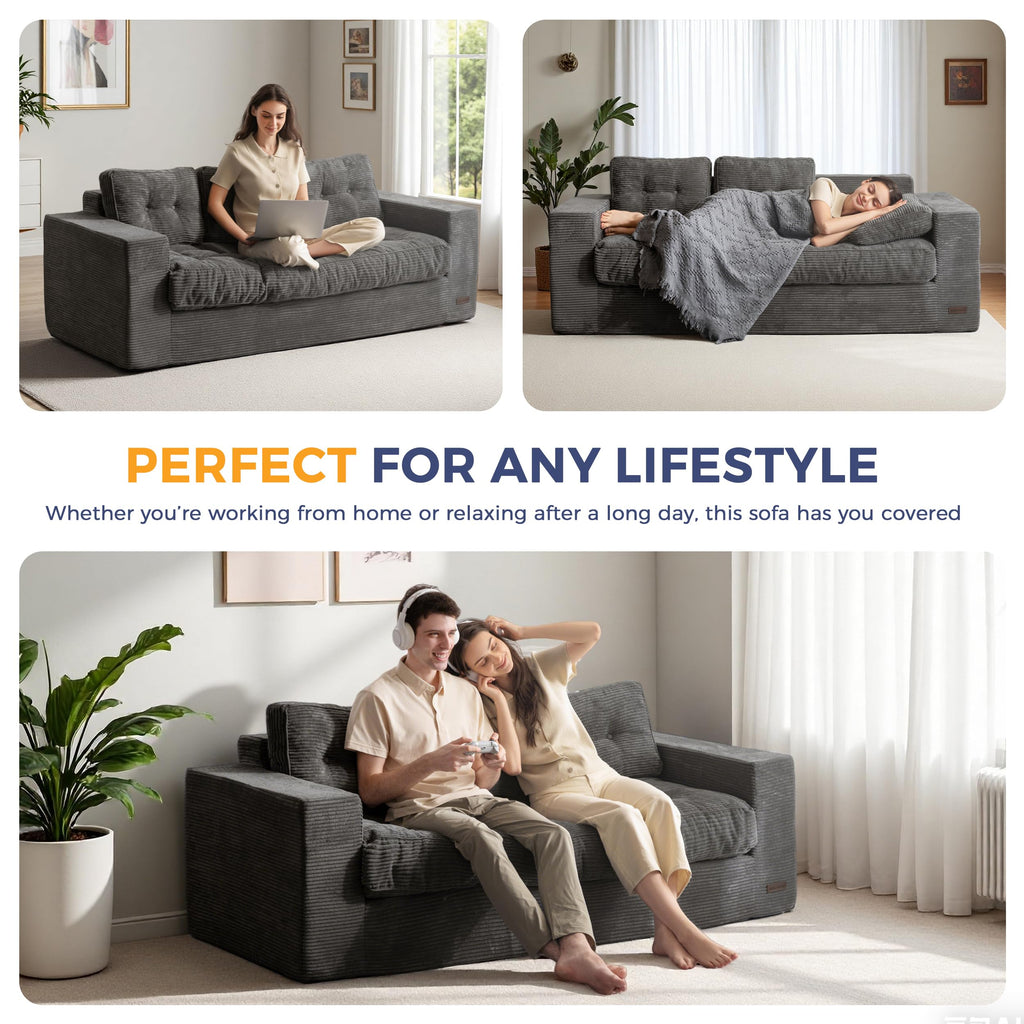 MAXYOYO 3 Seater Sofa Couch for Living Room, Tufted Boneless Couch Sofa Couch, Comfy Bubbled Bean Bag Chair for Apartment, No Assembly Needed, Beige