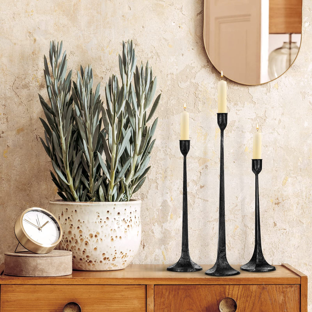 Iron Taper Candle Holder Set of 3 - Decorative Tall Candle Stand, Candlestick Holder for Wedding, Dining Table, Party Decoration (Antique Brass)