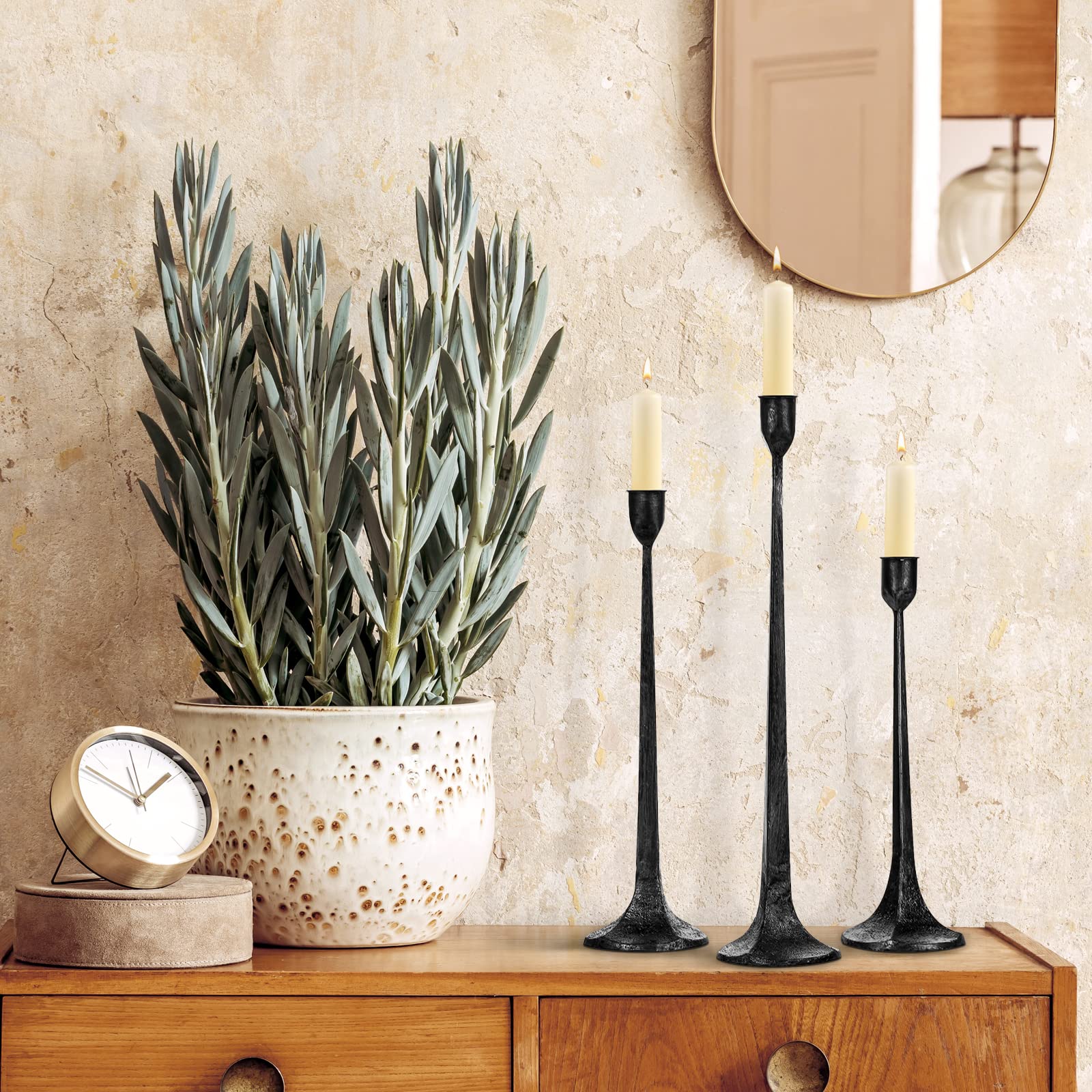 Iron Taper Candle Holder Set of 3 - Decorative Tall Candle Stand, Candlestick Holder for Wedding, Dining Table, Party Decoration (Antique Brass)
