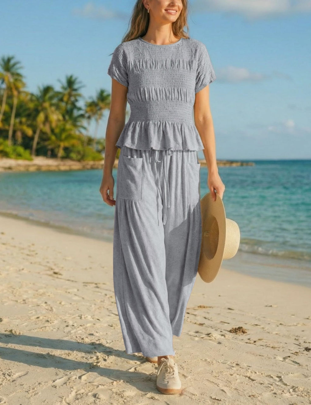 Antnation Womens 2 Piece Smocked Top Wide-Leg Pants Set High-Waisted Lounge Outfit with Pockets Casual Boho Matching Set