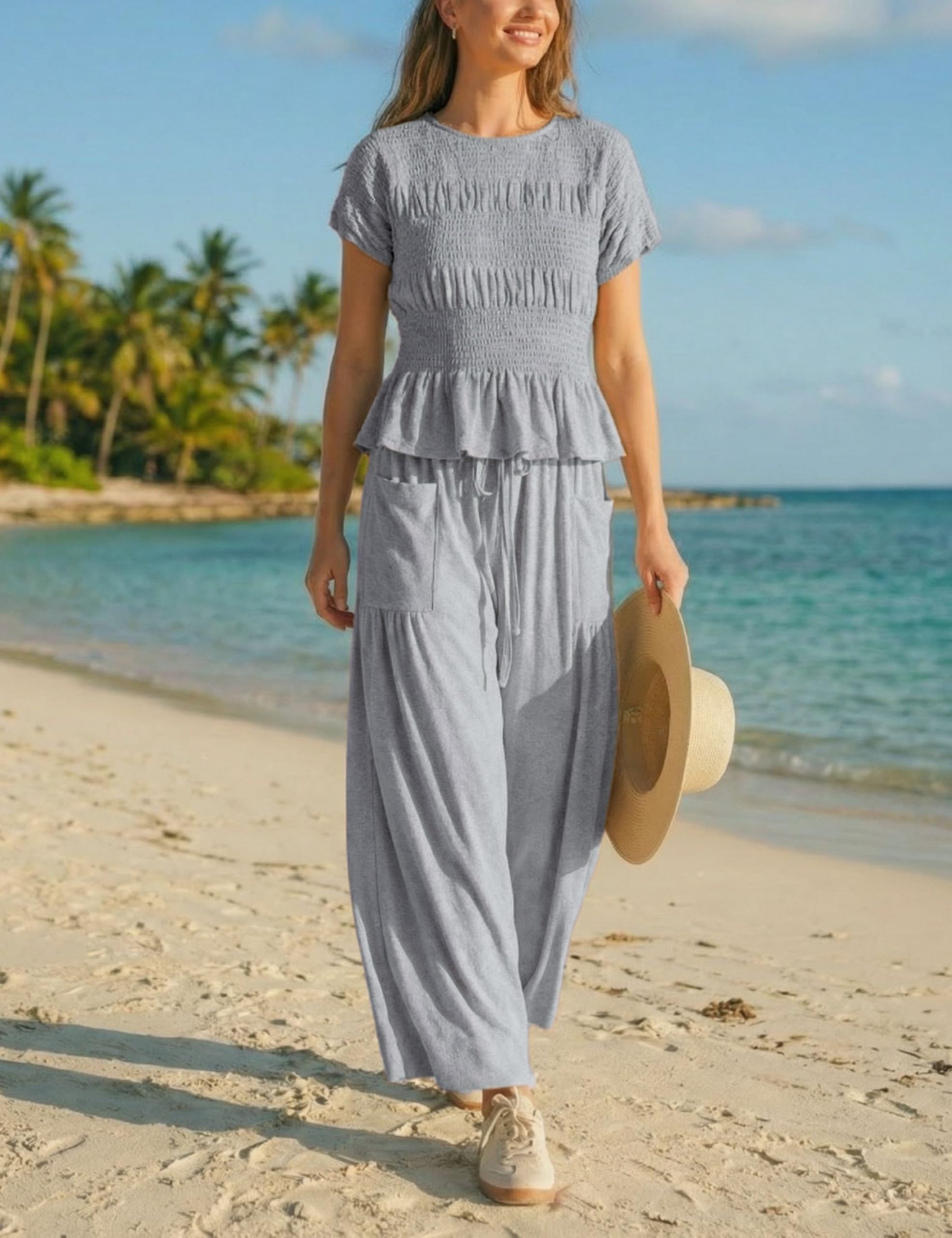 Antnation Womens 2 Piece Smocked Top Wide-Leg Pants Set High-Waisted Lounge Outfit with Pockets Casual Boho Matching Set