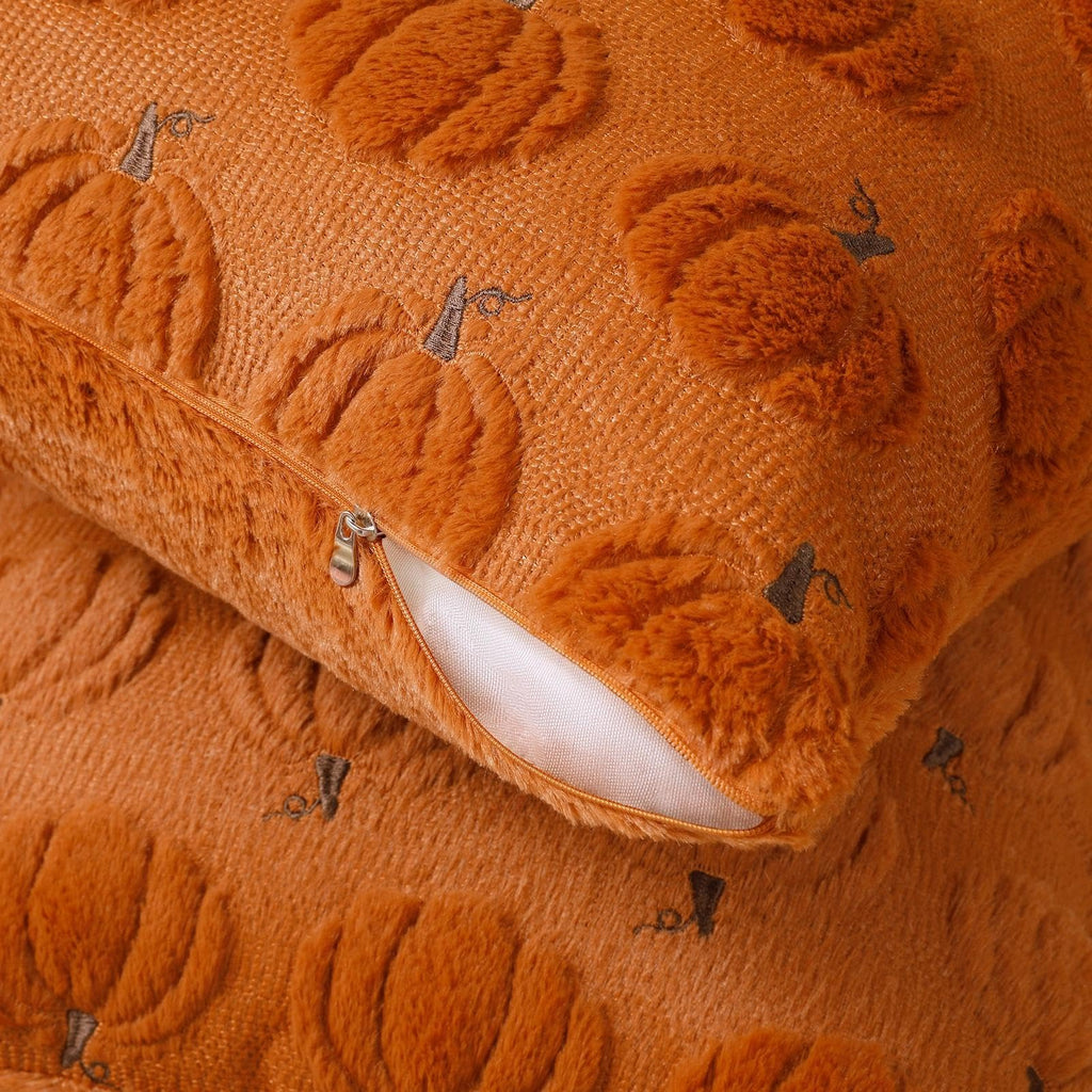 Fall Beige Pillow Covers 18x18 Set of 2 Double-Sided Pumpkin Plush | Boho farmhouse comfort with raised Autumn pumpkin embroidery, designed for living rooms, sofas, and cozy fall home decor.