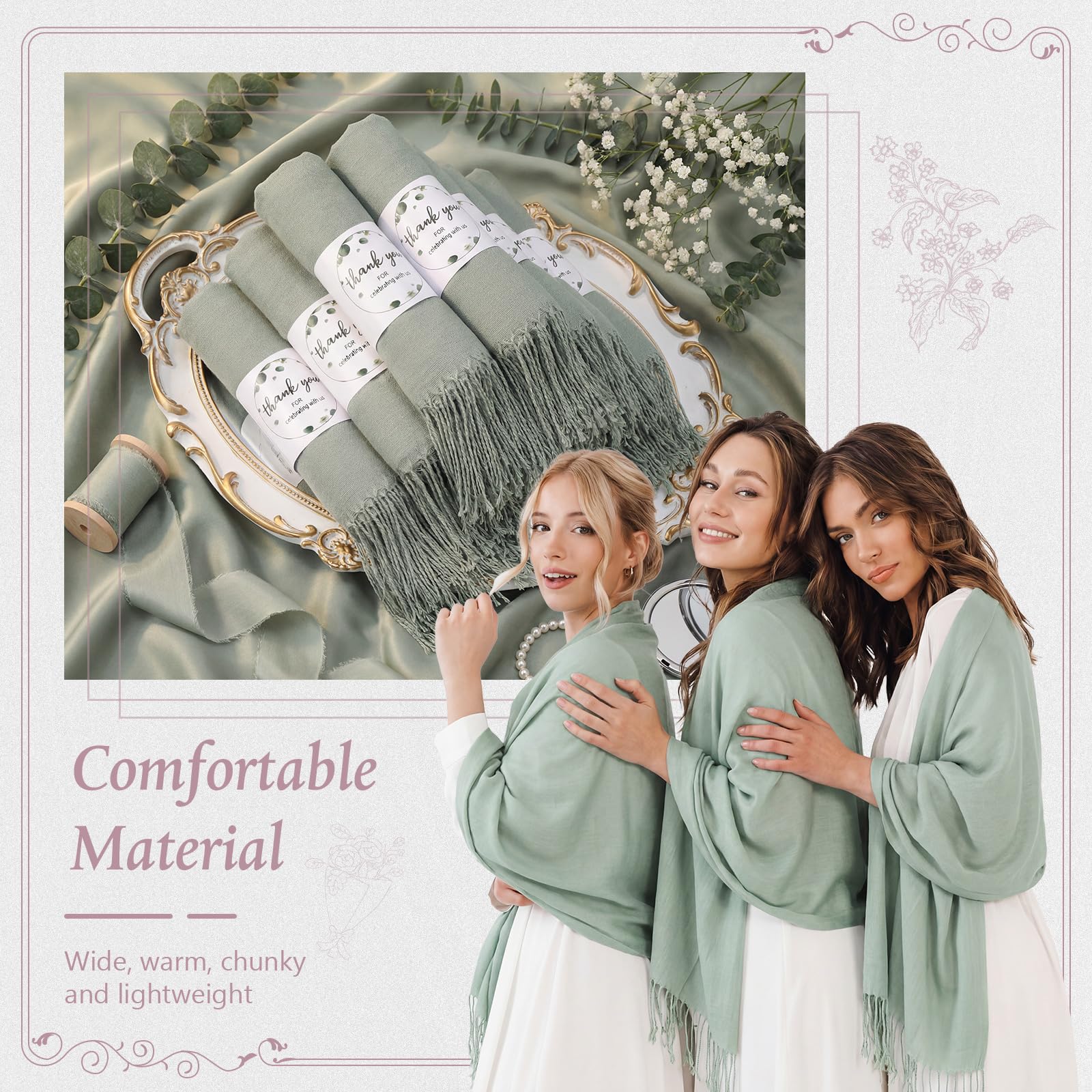 Ramede 50/100 Bulk Wedding Shawl Scarf for Women 79 x 28 Guests Shawl Wraps Gifts for Women Bridal Shawls with Thank Cards